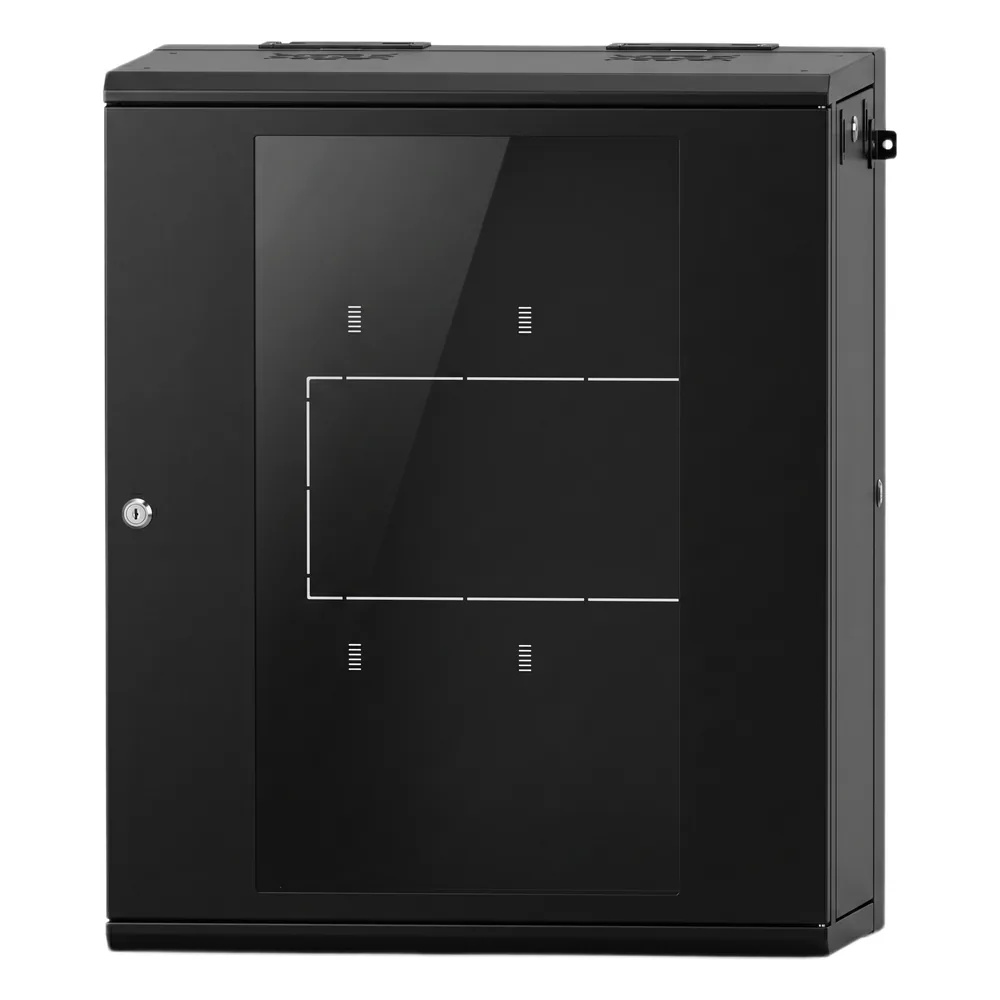 Gabinete Rackeable 24 UR / 19 Pulgadas / Puerta de Cristal / Acero Calibres 18 y 22 / Montaje en Pared / Capacidad de Carga 80 Kg / Pintura Electroestática Negra / Abatible 120° / Laterales Removibles
