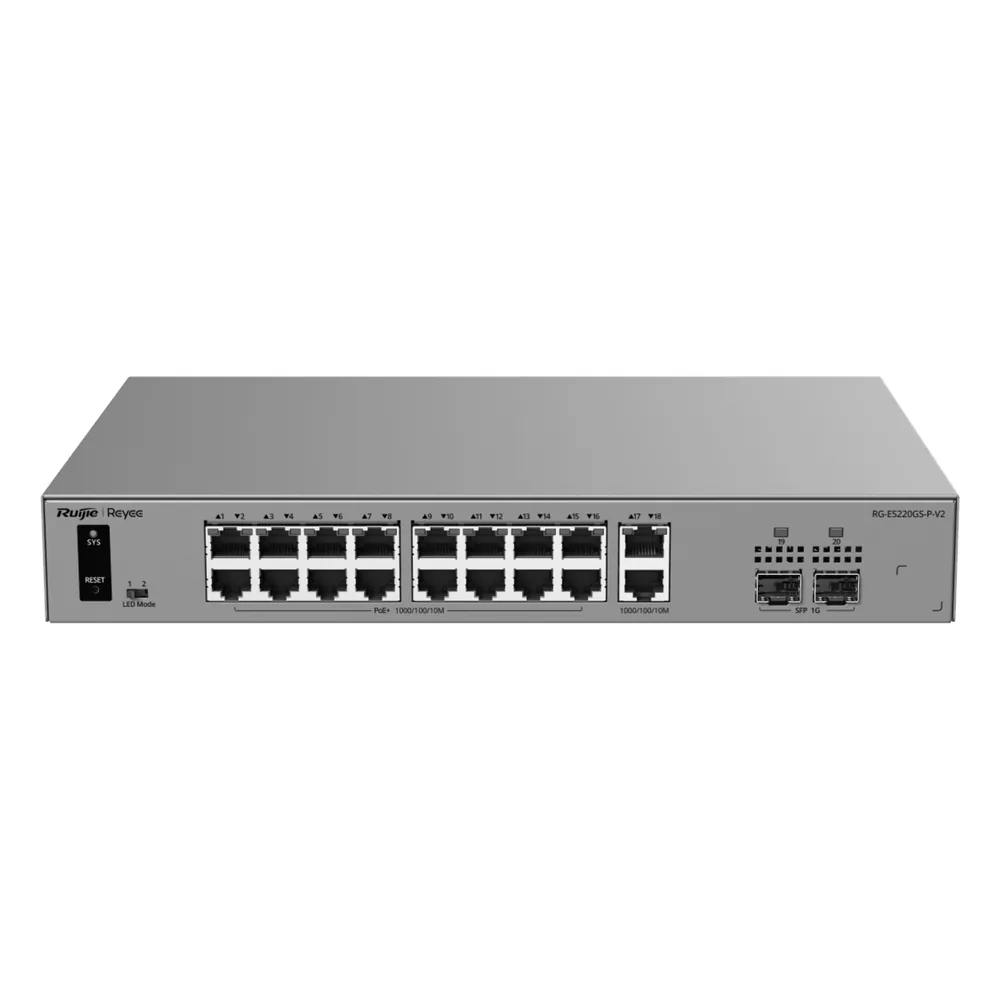 Switch Smart Cloud Managed PoE+ Capa 2 / 20 Puertos Gigabit / 16 Puertos PoE+ 250 W / 2 SFP 1G / Switching 40 Gbps / Forwarding 29.76 Mpps / Protección 6 kV / Gestión Cloud Ruijie / Metal / Rack