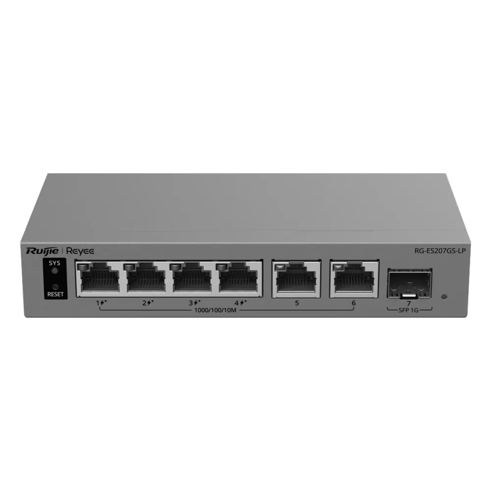 Switch Layer 2 Smart Cloud Managed / 7 Puertos Gigabit / 4 Puertos PoE+ 54 W / 1 Puerto SFP Uplink / 14 Gbps Switching Capacity / Diseño Sin Ventilador / Protección 6 kV / Ruijie Cloud / CCTV Mode