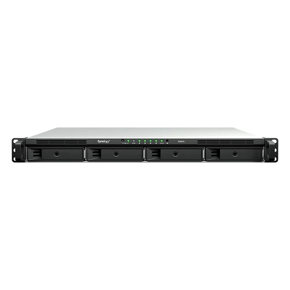 NAS Rackmount 4 Bahías / 1U 44 mm (1.73 in) / AMD Ryzen V1500B 4 Núcleos 2.2 GHz / 4GB DDR4 ECC SODIMM / 4x 1GbE RJ45 / PCIe 3.0 x8 / Escalable a 8 Bahías con RX426 / DSM / Storage Tiering