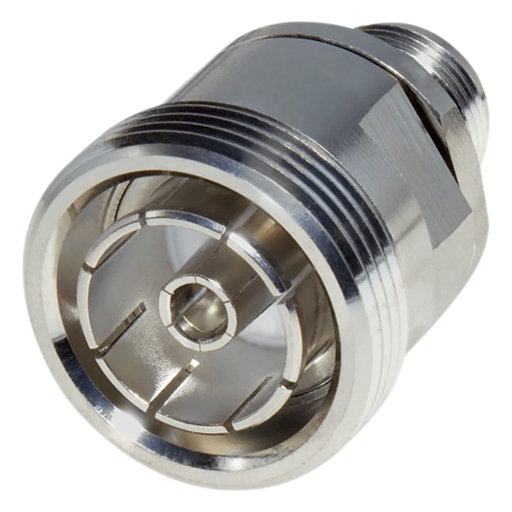 Adaptador en Línea de Conector DIN 7-16 Hembra a N Hembra, Plata / Plata / Teflón.
