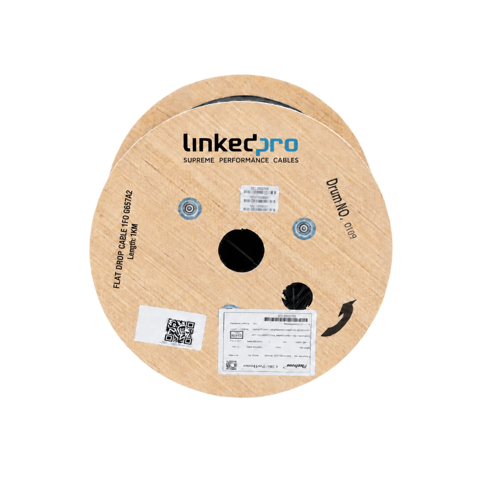 Carrete de 1 km de Fibra Óptica Drop, Interior G.657A2 Monomodo de 1 Hilo (Unifibra), Dieléctrica, Forro Negro