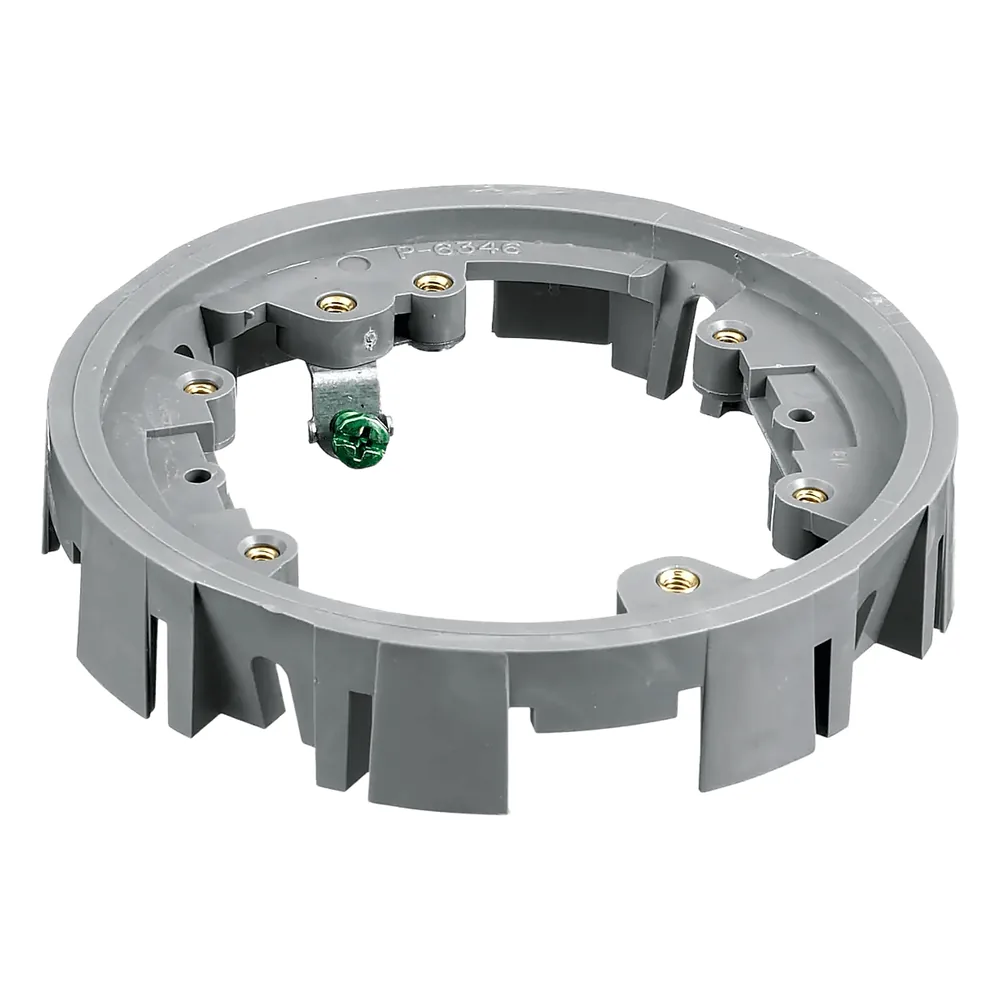 Adaptador para Cajas de Piso de Concreto / Serie PFB Redonda / Material PVC Termoplástico / Montaje con Tornillos / 4 Ganchos Incluidos / Clips Deslizantes / Acepta Tapas Plásticas y Metálicas / Color Gris
