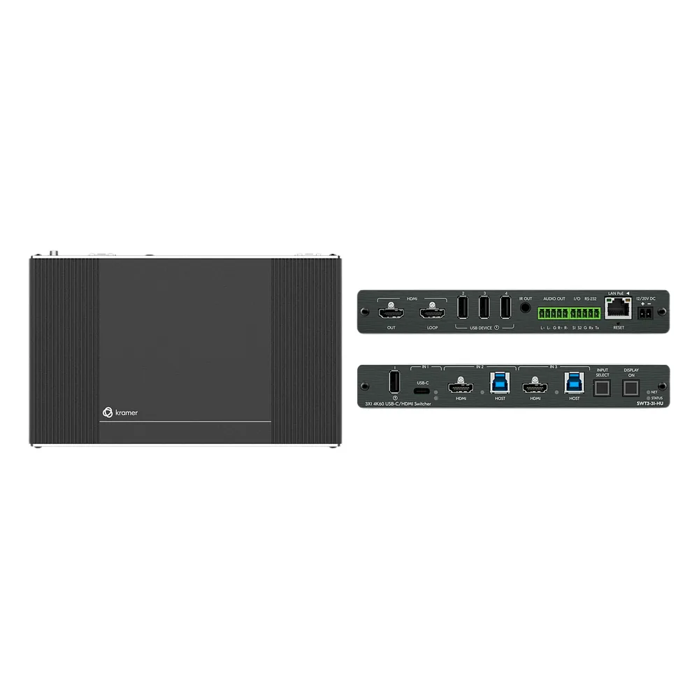 Auto-Switcher | 1 USB-C + 2 HDMI/USB Inputs | HDMI Output | USB 3.2 Switching | 4K@60Hz | HDCP 2.3 | PoE | MegaTOOLS Enclosure
