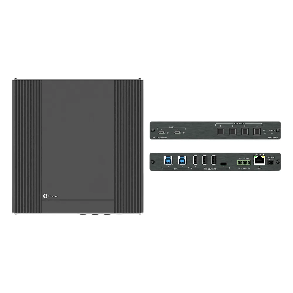 Switcher USB 3.2 | 2 Hosts USB-C con PD 3.0 | 2 Hosts USB-B | 4 Puertos USB Periféricos | Conmutación Automática | Control IP y RS-232 | PoE | Alimentación 20V DC 80W | MegaTOOLS™ Fan-less