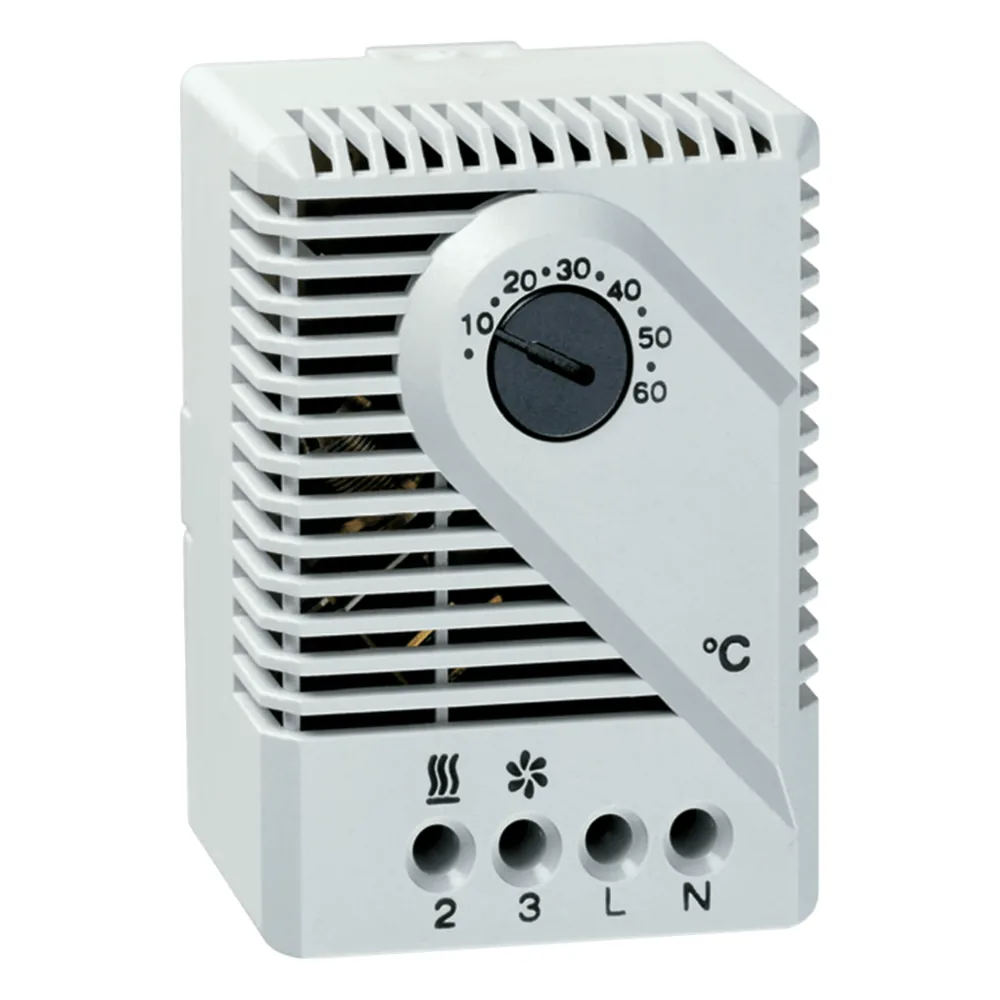 Termostato Mecánico para Gabinetes / 115V AC / Rango 10°C a 60°C / Montaje Riel DIN 35 mm / Contacto Snap-Action / Gris Claro RAL 7035