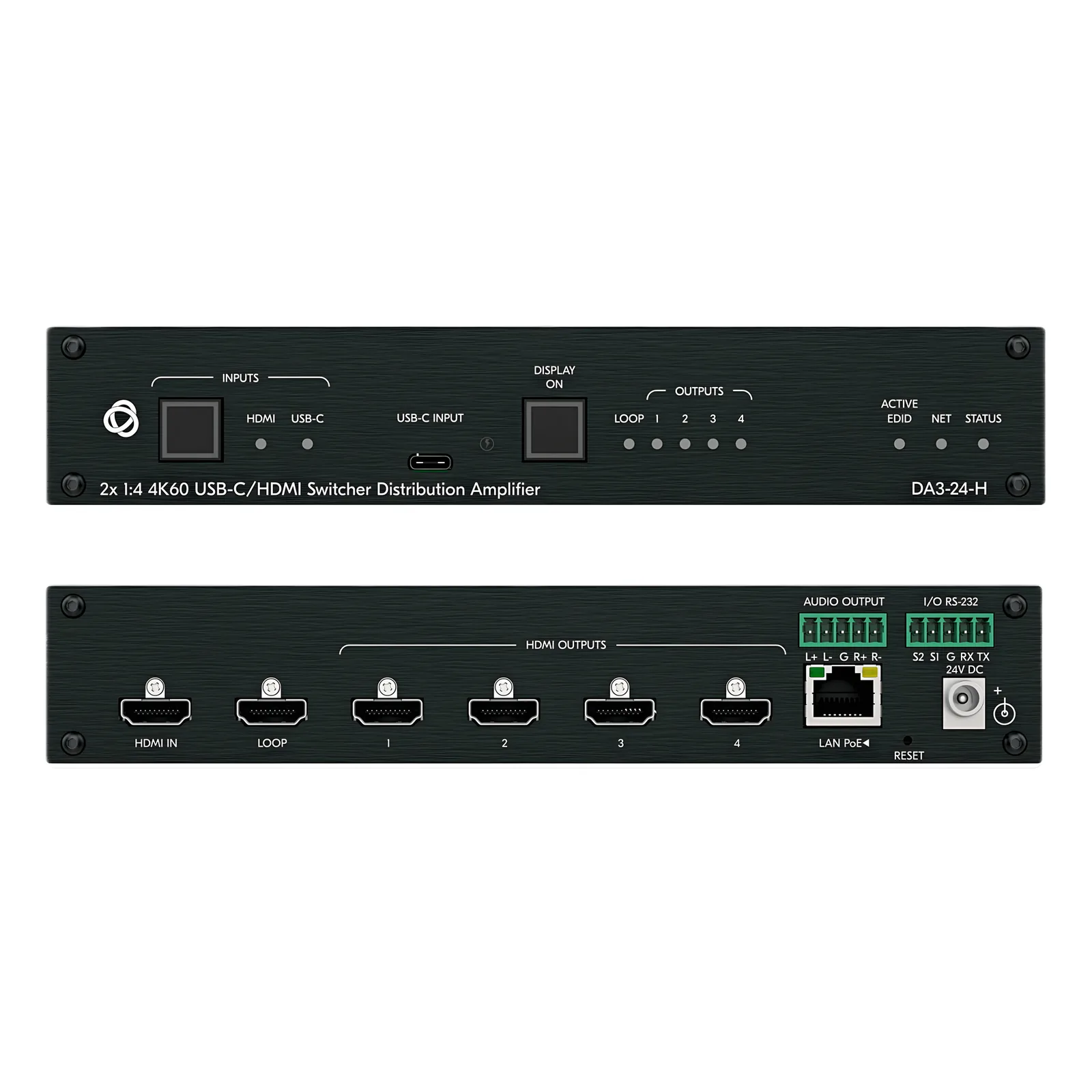 Distribuidor y Switcher 2x1:4 | 4K@60Hz 4:4:4 | HDMI 2.0b | HDCP 2.3 | 18Gbps | EDID Inteligente | Escalado Automático | Audio Analógico | RS-232 | Alimentación 20 VDC | Montaje en Rack 1U | 21.46 cm x 16.30 cm x 4.36 cm (8.45 in x 6.