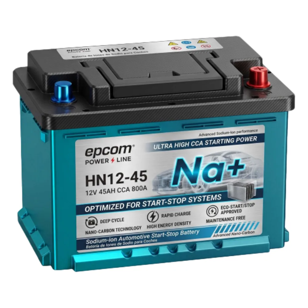 Batería Automotriz de Iones de Sodio para Start-Stop / 12 Vcc 45 Ah / 540 Wh / 800 CCA / 3000+ Ciclos / Reemplazo Directo de Plomo-Ácido