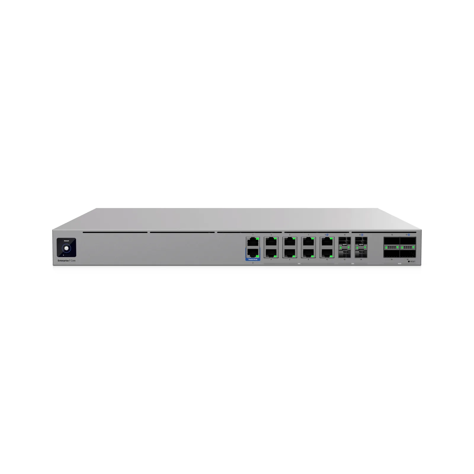 EF-Core Cloud Gateway Empresarial 100G, Hasta 79 Gbps IDS/IPS, 22,500+ Clientes, 2,250+ Dispositivos UniFi, 5,000+ Túneles IPsec, Puertos 100G/25G/10G, 8 Puertos WAN, SD-WAN, BGP/OSPF, Alta Disponibilidad VRRP, Doble PSU Redundante Hot-Swap