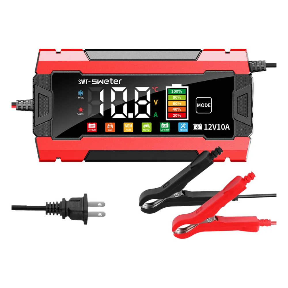 Cargador Inteligente Automático 3 Etapas / 12V 10A / Para Motocicleta, Auto, ATV / Baterías AGM, GEL, SLA, WET, DEEP CYCLE, Litio 12.6V, LiFePO4 14.6V / LCD / Protección Inversa Polaridad
