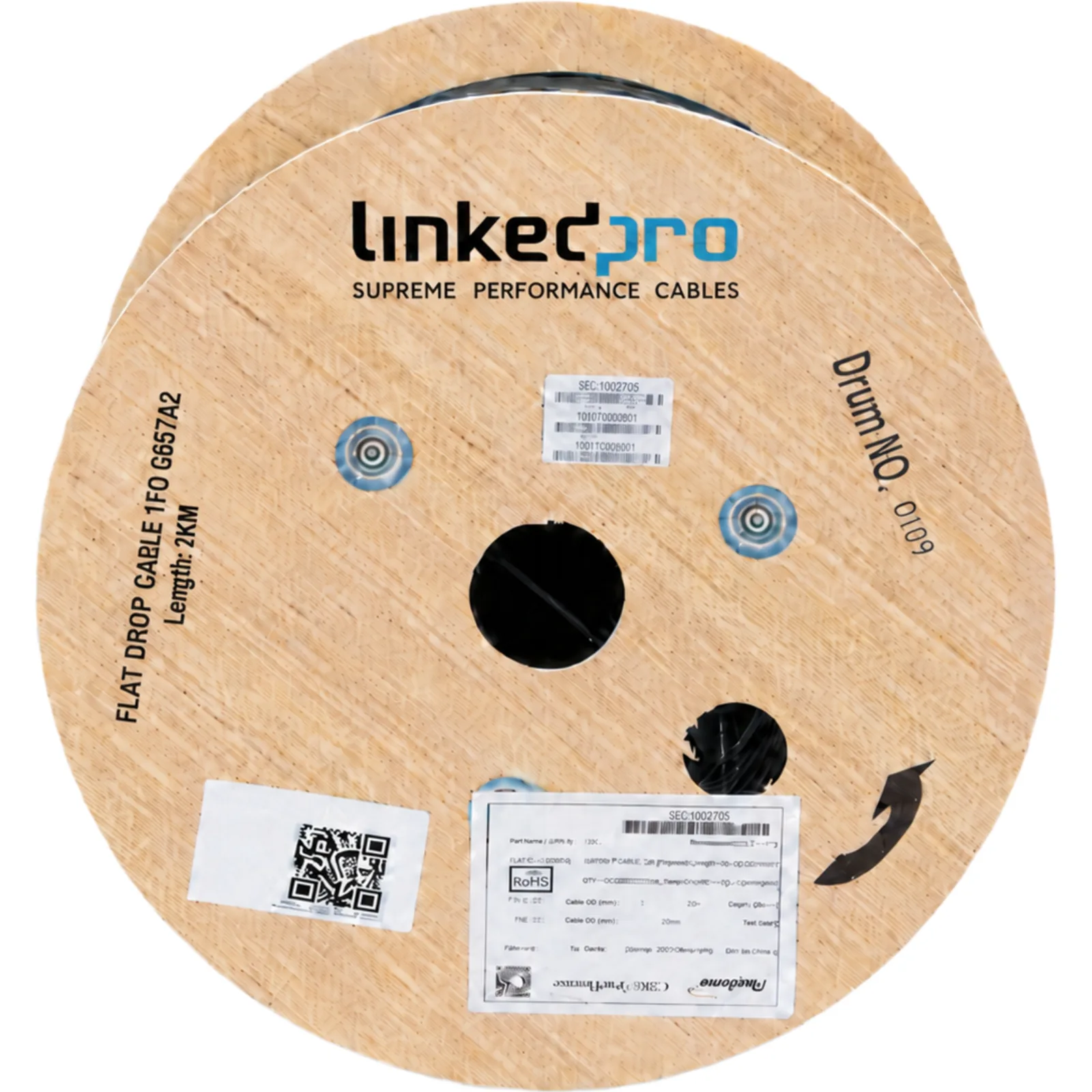 Carrete de 2 km de Fibra Óptica Drop, Interior G.657A2 Monomodo de 2 Hilos (Bifibra), Diseñada para Fusionarse, Dieléctrica, Forro Negro, (No Soporta Conectores Mecánicos)