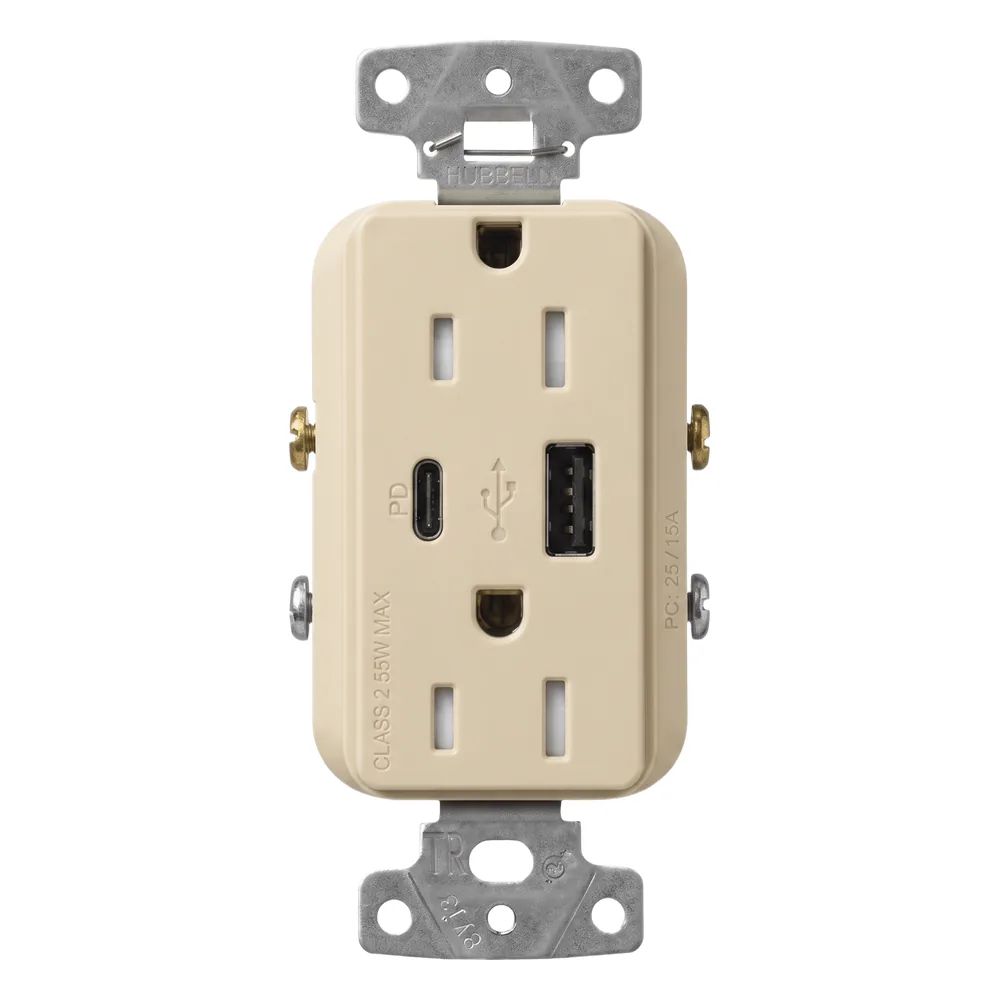 Receptáculo Claro con dos puertos USB Tipo C, 15 A 125 V, Power Delivery hasta 55 W