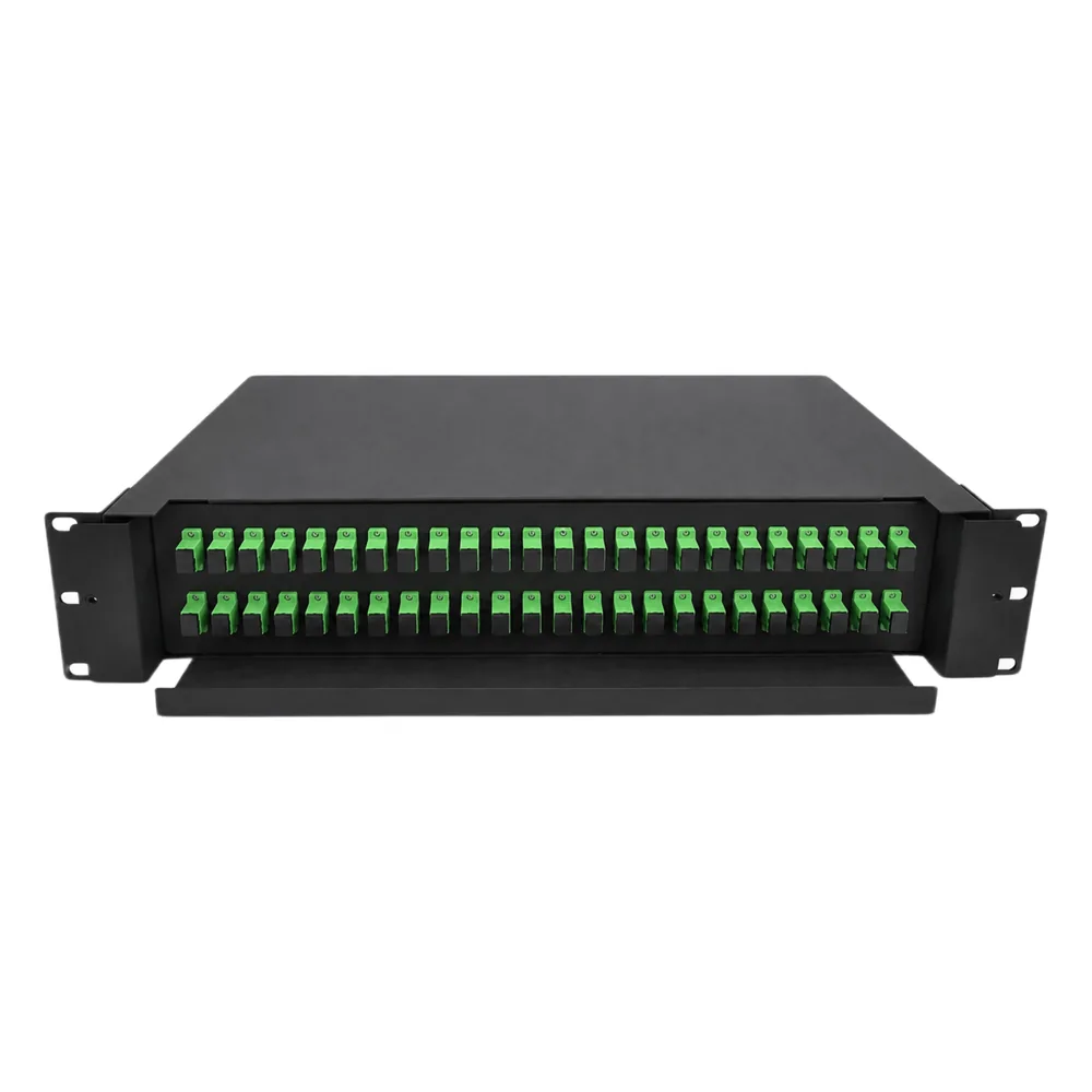 Distribuidor de Fibra Óptica (ODF) para 48 Empalmes, con 48 Acopladores SC/APC y 48 Pigtails SC/APC, para Rack de 19, 2 UR