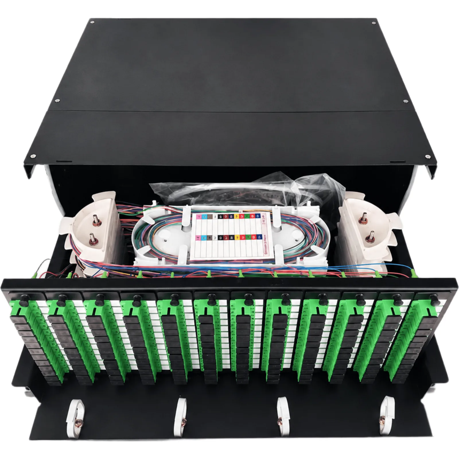 Distribuidor de Fibra Óptica (ODF) para 144 Empalmes, con 144 Acopladores SC/APC y 144 Pigtails SC/APC, para Rack de 19, 4 UR
