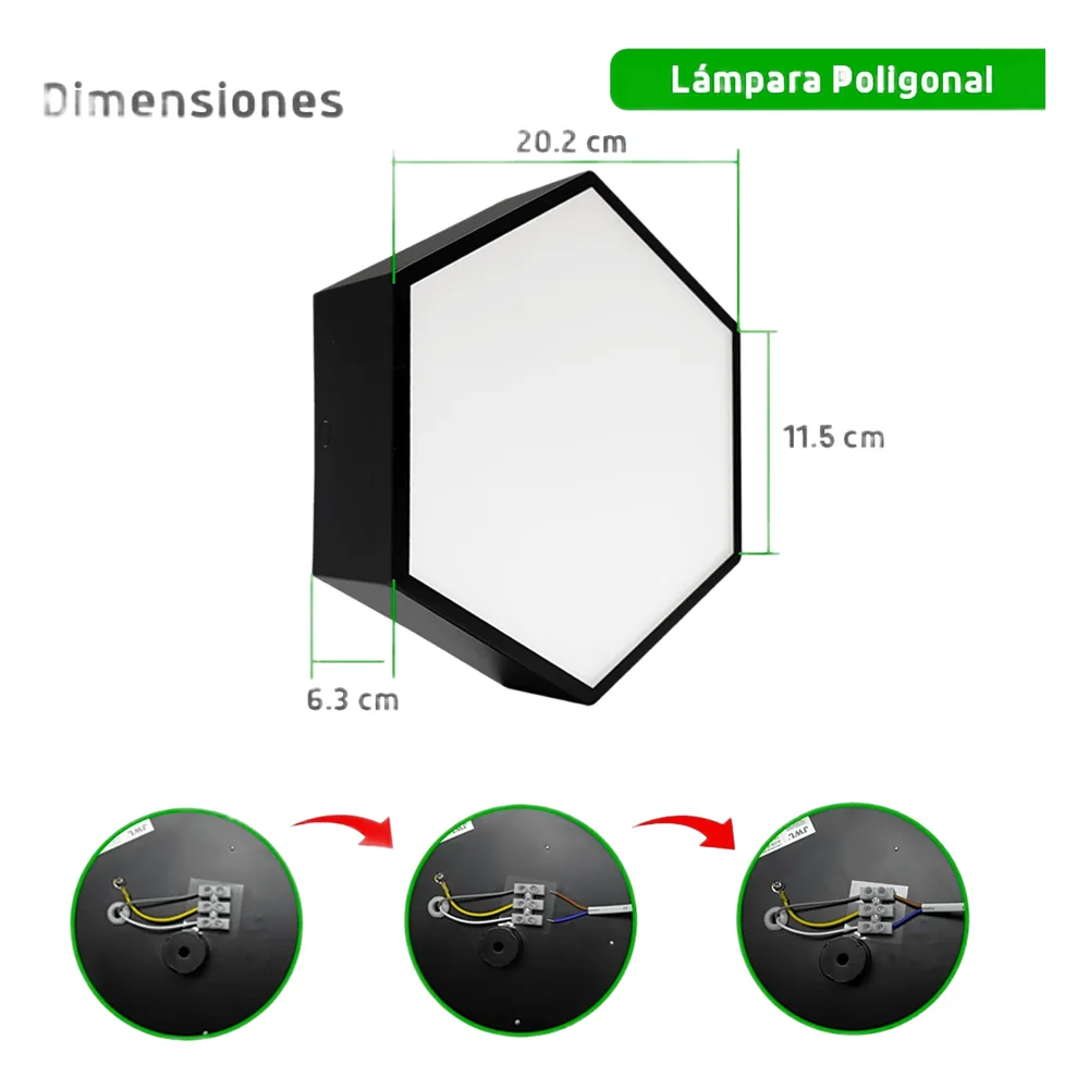 Lampara LED Poligonal de 18 W / 1 800 lm / 127-265V~50/60Hz / Acabado Negro Mate / Angulo de Luz 140° / Dimensiones 230 x 100 mm (Largo y Alto) / Sobreponer /Luz Fría 6 500 K