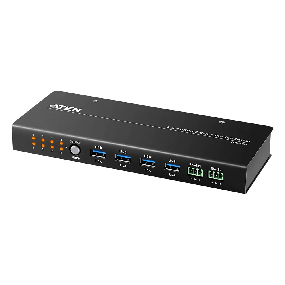 Conmutador de Uso Compartido USB 3.2 Gen 1 Industrial | 8 Puertos para Computadoras | 4 Puertos para Dispositivos | 5 Gbps | Selección por Botón, RS-232/485 o Remoto | Power on Detection | Carcasa de Metal | Montaje en Pared