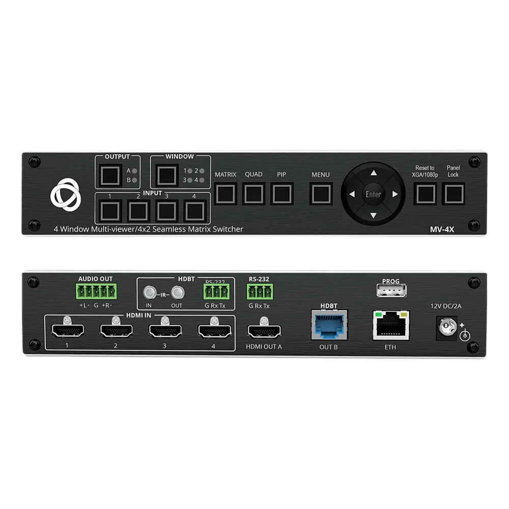 Matrix HDMI 4x2 con Escalado Integrado | Multi-Ventana | 4K@60Hz 4:4:4 | HDBT y HDMI | HDCP 2.3 | Conmutación Sin Corte | PiP-PoP | Control Web