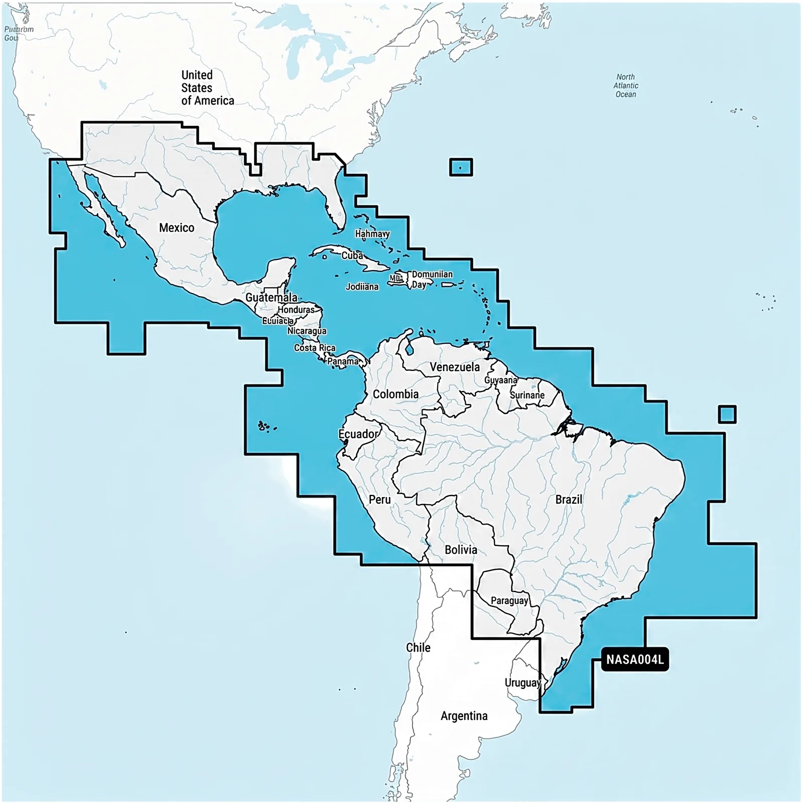 Carta Náutica Navionics®+ | NASA004L | microSD™/SD™ / Interior y Costas / México, Caribe a Brasil / Navionics+ / microSD