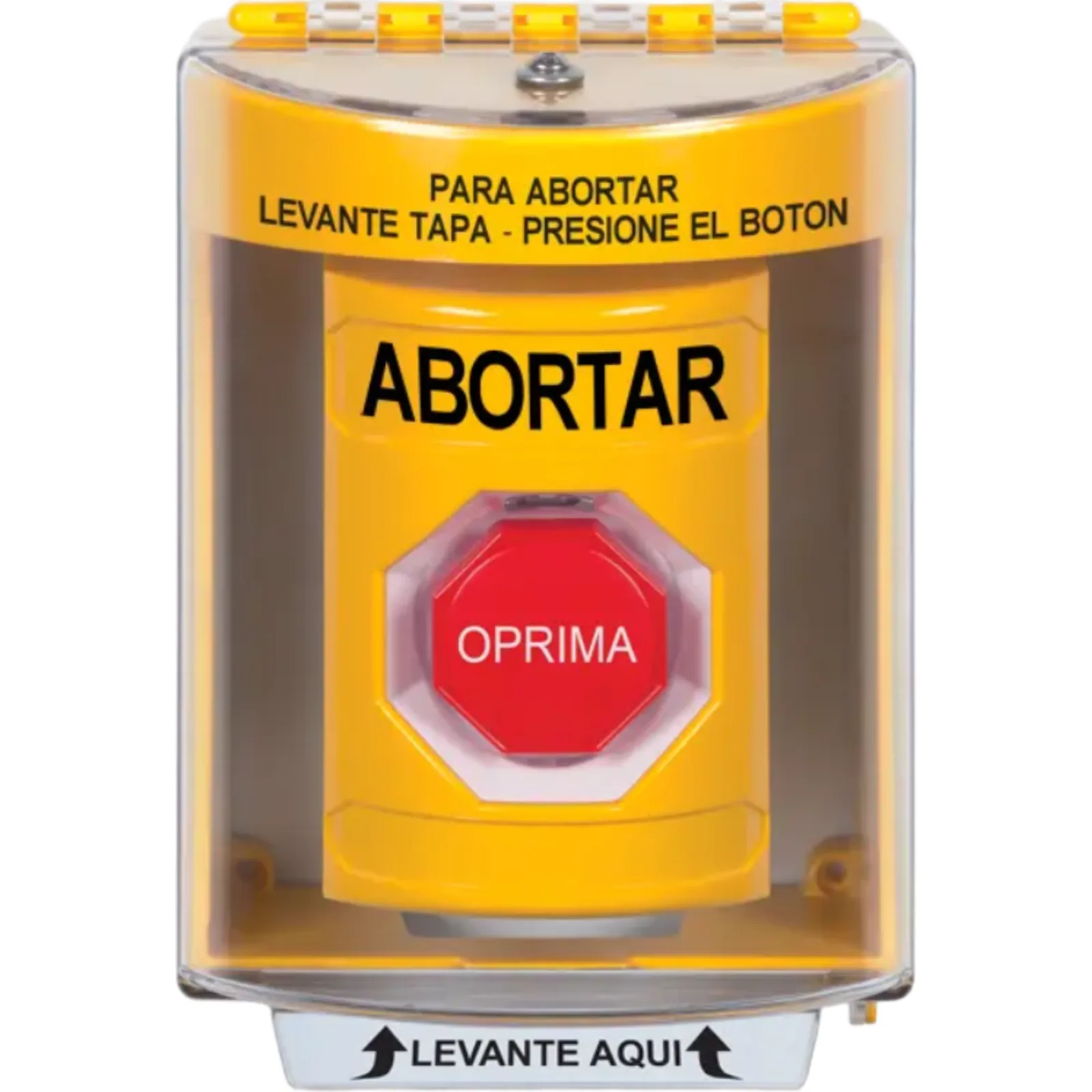 Botón de Abortar, Texto en Español, Tapa Protectora de Policarbonato Súper Resistente, Momentáneo