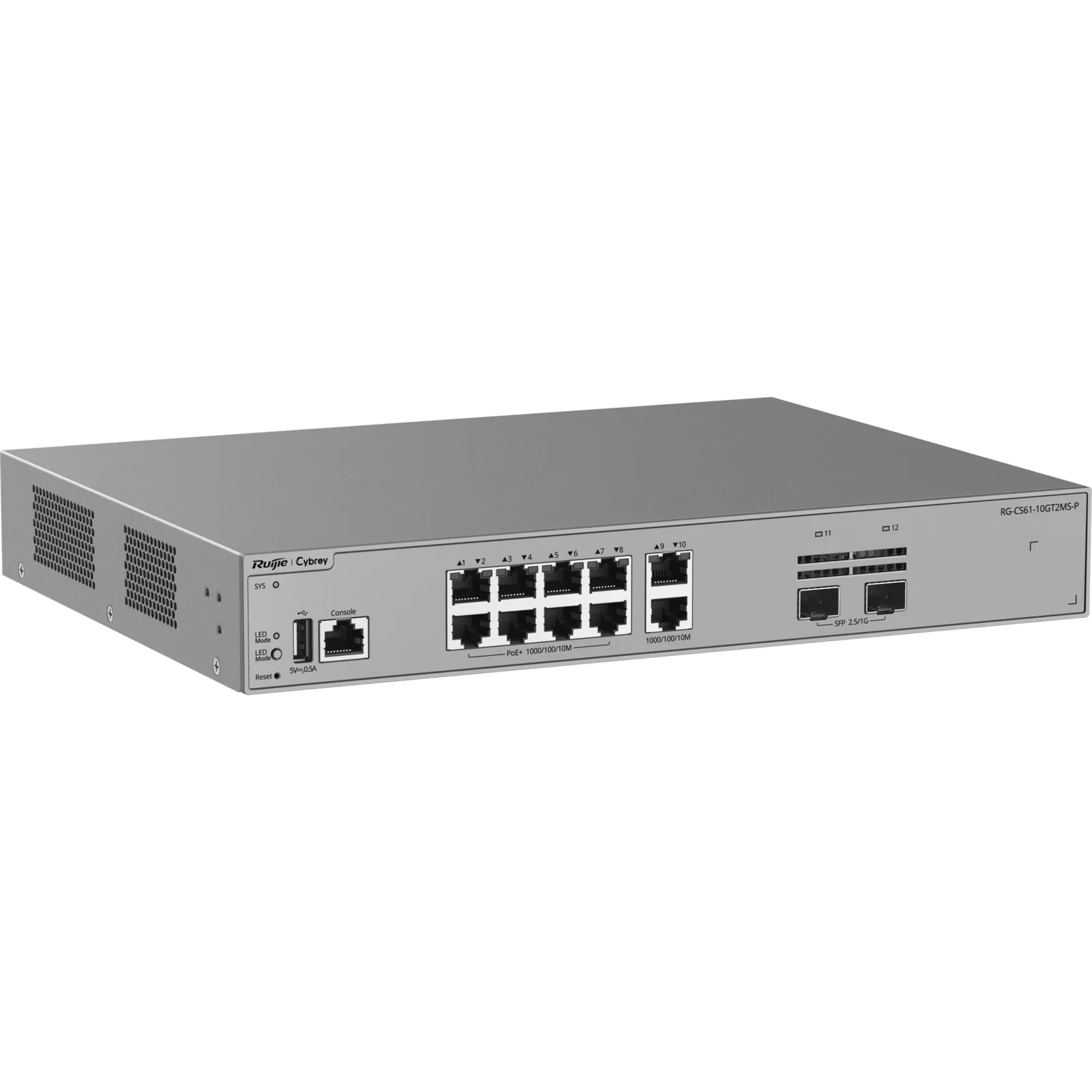 Switch Capa 3 / 10 Puertos Gigabit PoE+ / 2 Puertos SFP 2.5GE / Capacidad de Conmutación 30 Gbps / PoE Budget 125 W / Diseño sin Ventilador / Protección contra Sobretensiones 10 kV / VSU / OSPF / RIP / Línea Cybrey