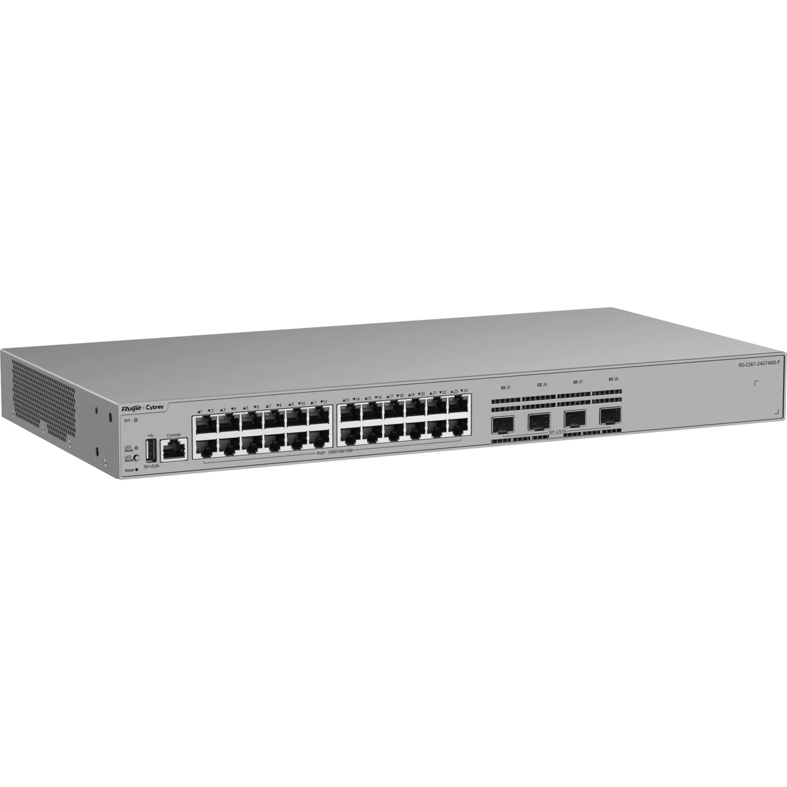 Switch de Acceso Capa 3 / 24 Puertos Gigabit PoE+ / 4 Puertos SFP 2.5GE / 370W PoE / VSU / OSPF / RIP / Protección contra Sobretensiones 10kV / Ventilador Fijo / Línea Cybrey