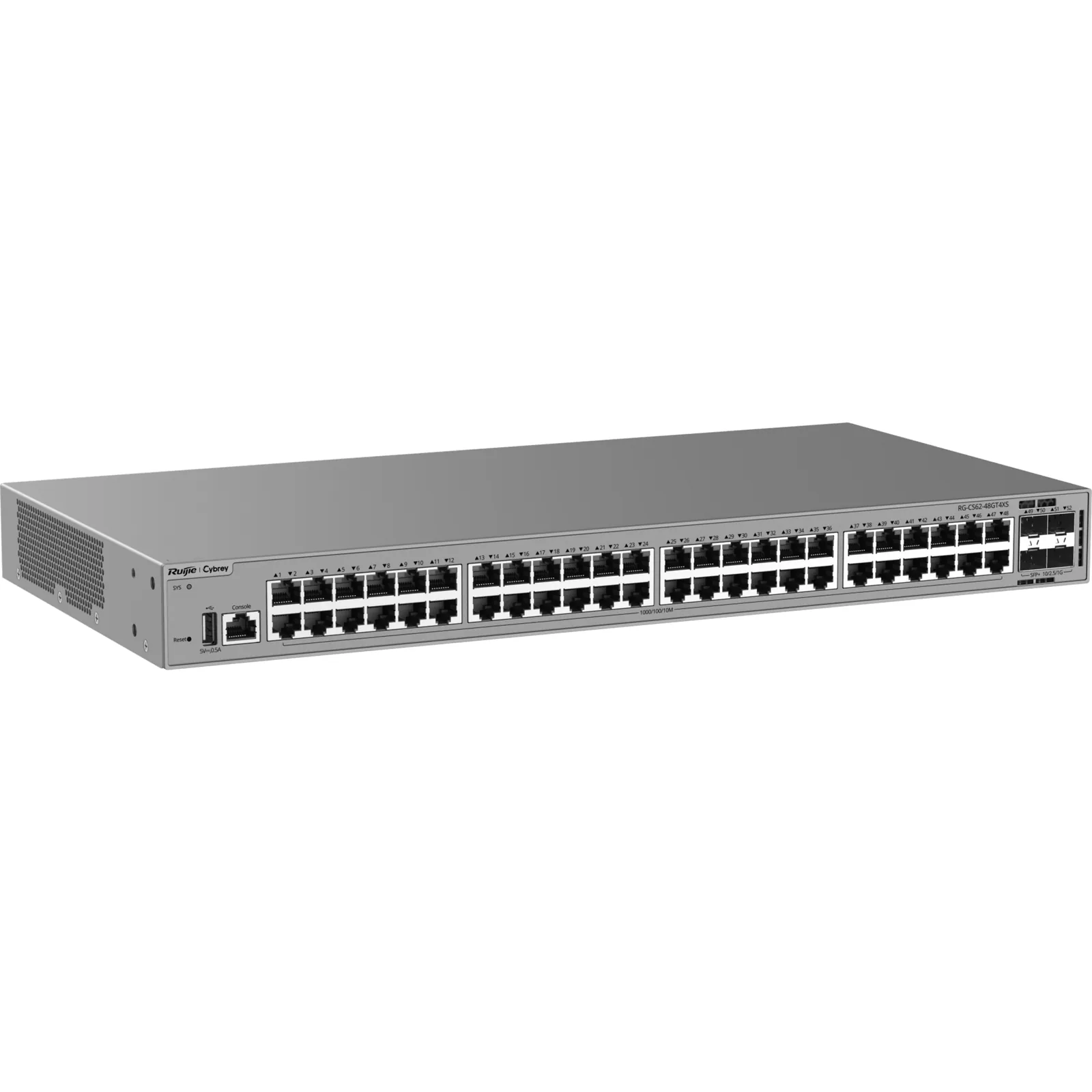 Switch de Acceso Gigabit / 48 Puertos 10/100/1000BASE-T / 4 Puertos SFP+ 1GE/2.5GE/10GE / Capacidad 176 Gbps / Capa 3 / VSU / 1 RU / Alimentación Fija AC / Línea Cybrey