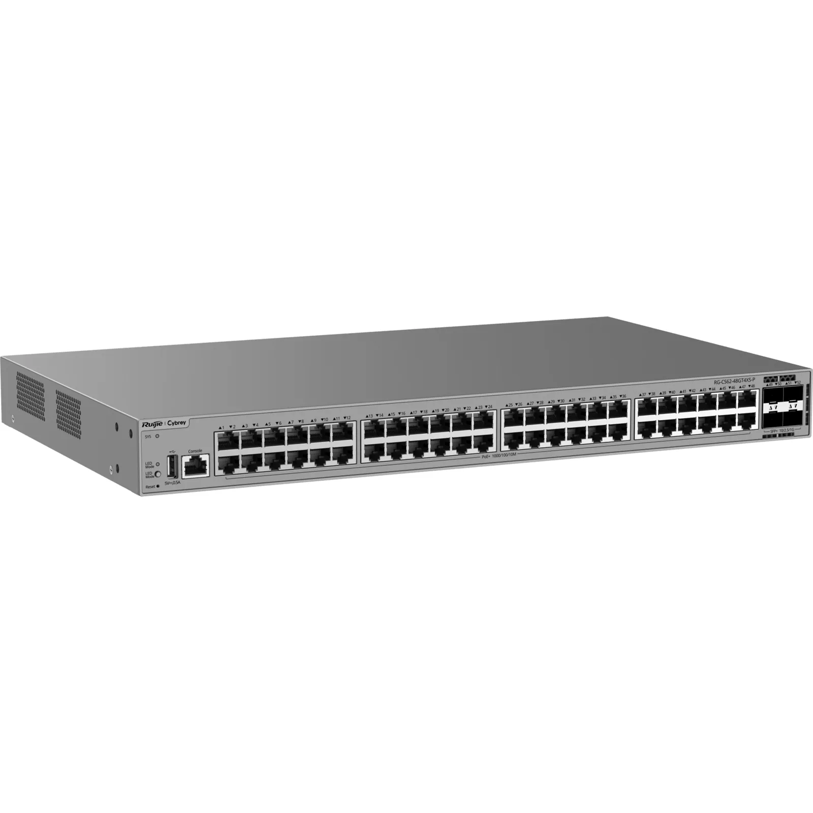 Switch Gigabit PoE+ 48 Puertos / 4 Puertos SFP+ 10GE / Capacidad de Conmutación 176 Gbps / Tasa de Reenvío 130.944 Mpps / PoE 370 W / Capa 3 / VSU / Ventilación Forzada / 1 RU / Línea Cybrey