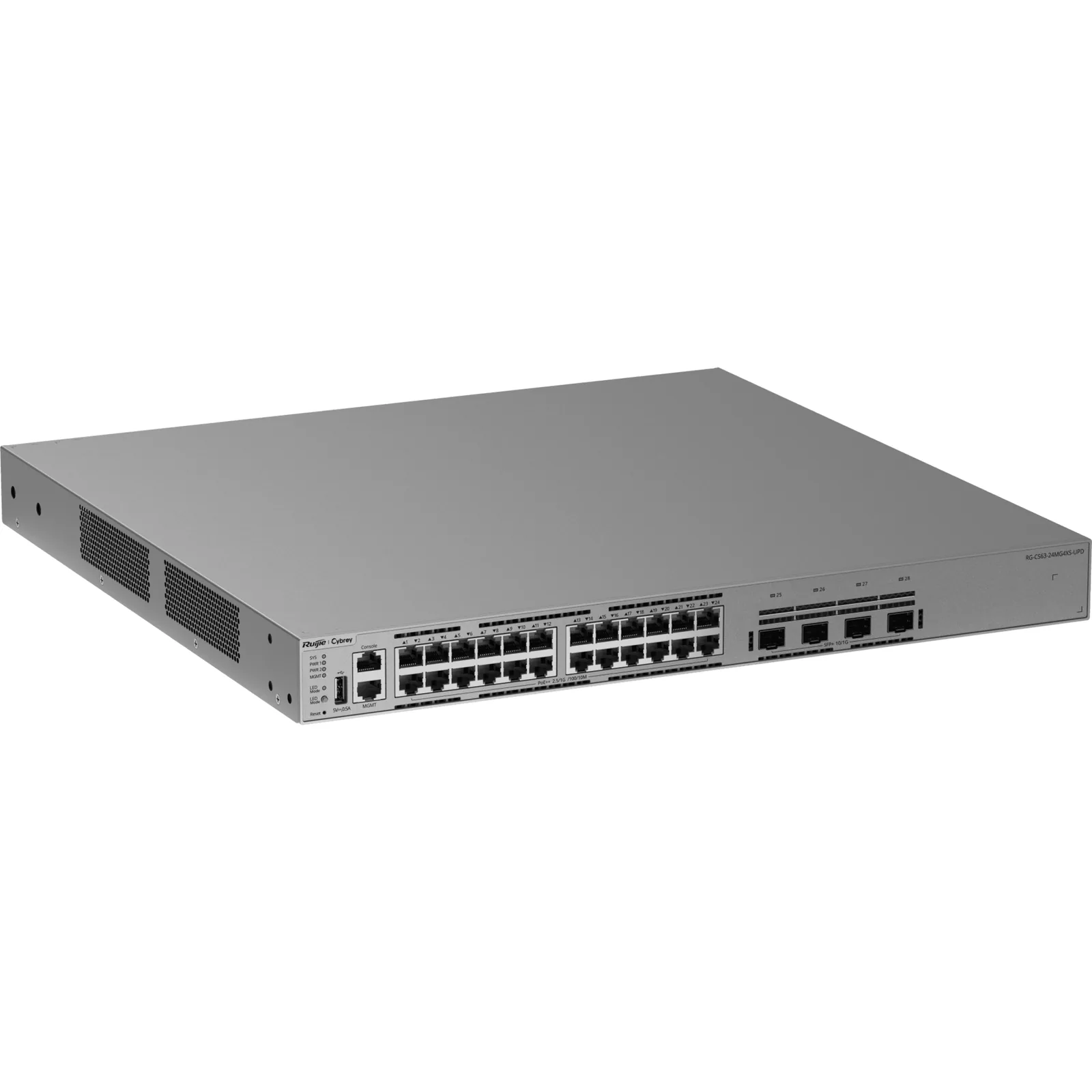 Switch Multi-GE Gestionable / 24 Puertos 2.5G PoE++ / 4 Puertos SFP+ 10G / Capacidad 200 Gbps / Enrutamiento Capa 3 / VSU / Protección Sobretensión 10 kV / Alimentación Redundante / Línea Cybrey
