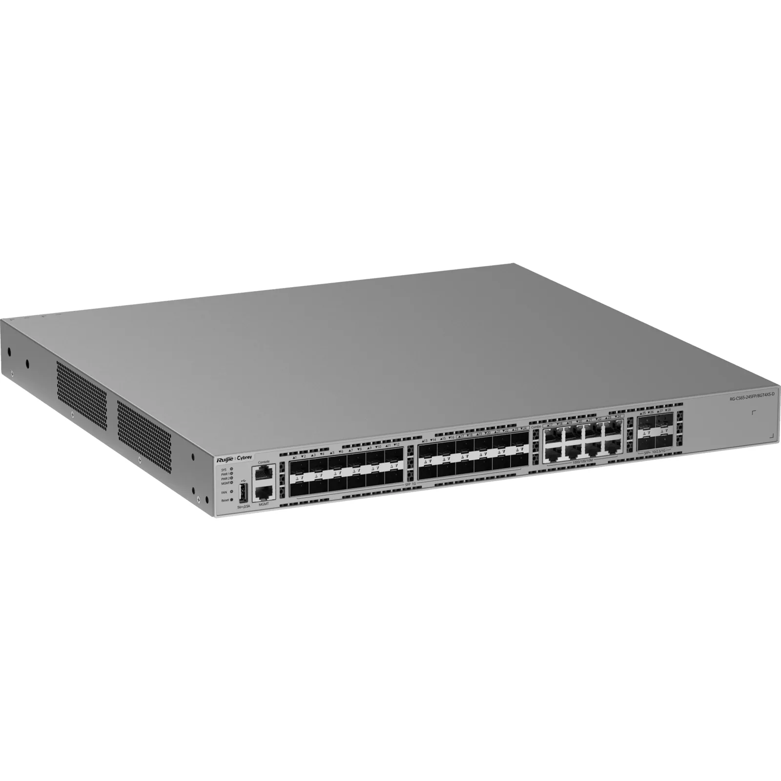 Switch Ethernet 10GE / 24 Puertos 1GE SFP + 4 Puertos 1GE/2.5GE/10GE SFP+ / Capacidad 128 Gbps / Reenvío 95.232 Mpps / CPU Quad Core ARMv8 Cortex-A72 / 1 RU / Alimentación Redundante / VSU / Capa 3 / Línea Cybrey