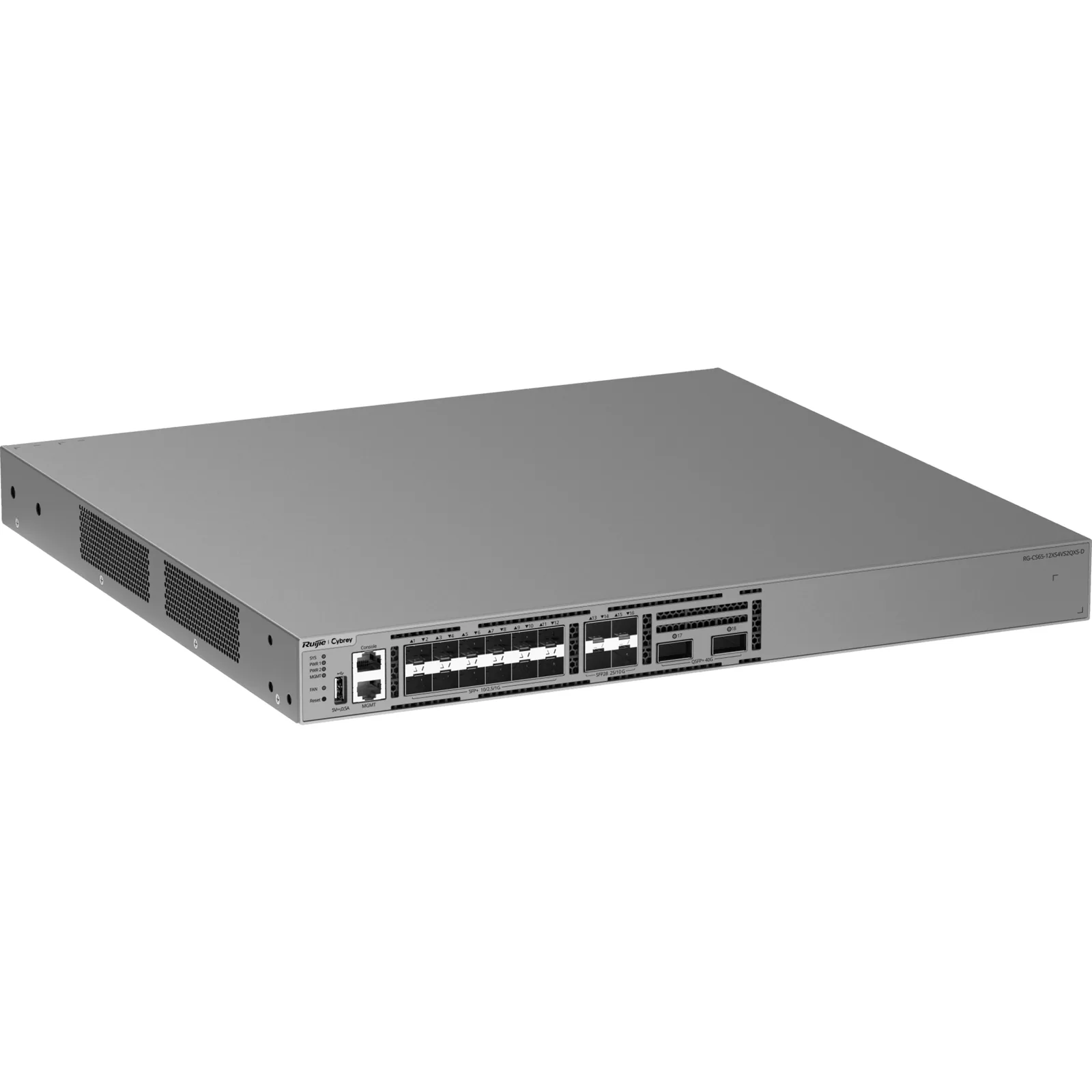 Switch 10G / 12 Puertos SFP+ 1G/2.5G/10G / 4 Puertos SFP28 10G/25G / 2 Puertos QSFP+ 40G / Capacidad 600 Gbps / Reenvío 446.4 Mpps / CPU Quad Core ARMv8 Cortex-A72 / 1 RU / Alimentación AC / Línea Cybrey