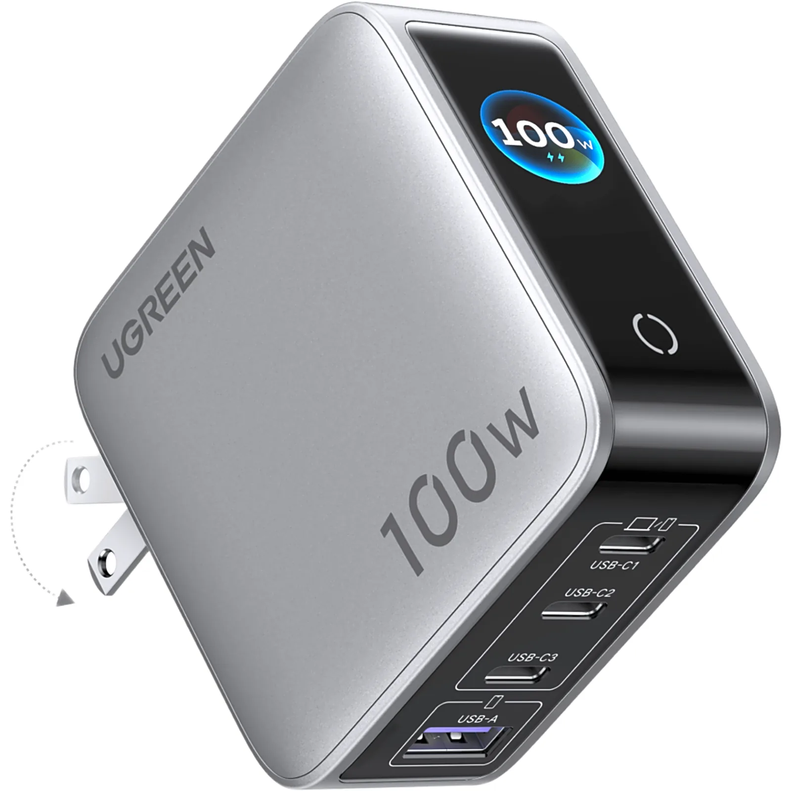 Cargador Rápido GaN / 4 Puertos / 100W / Pantalla TFT Inteligente / Enchufe Plegable / Tecnología AirPyra y GaNInfinity