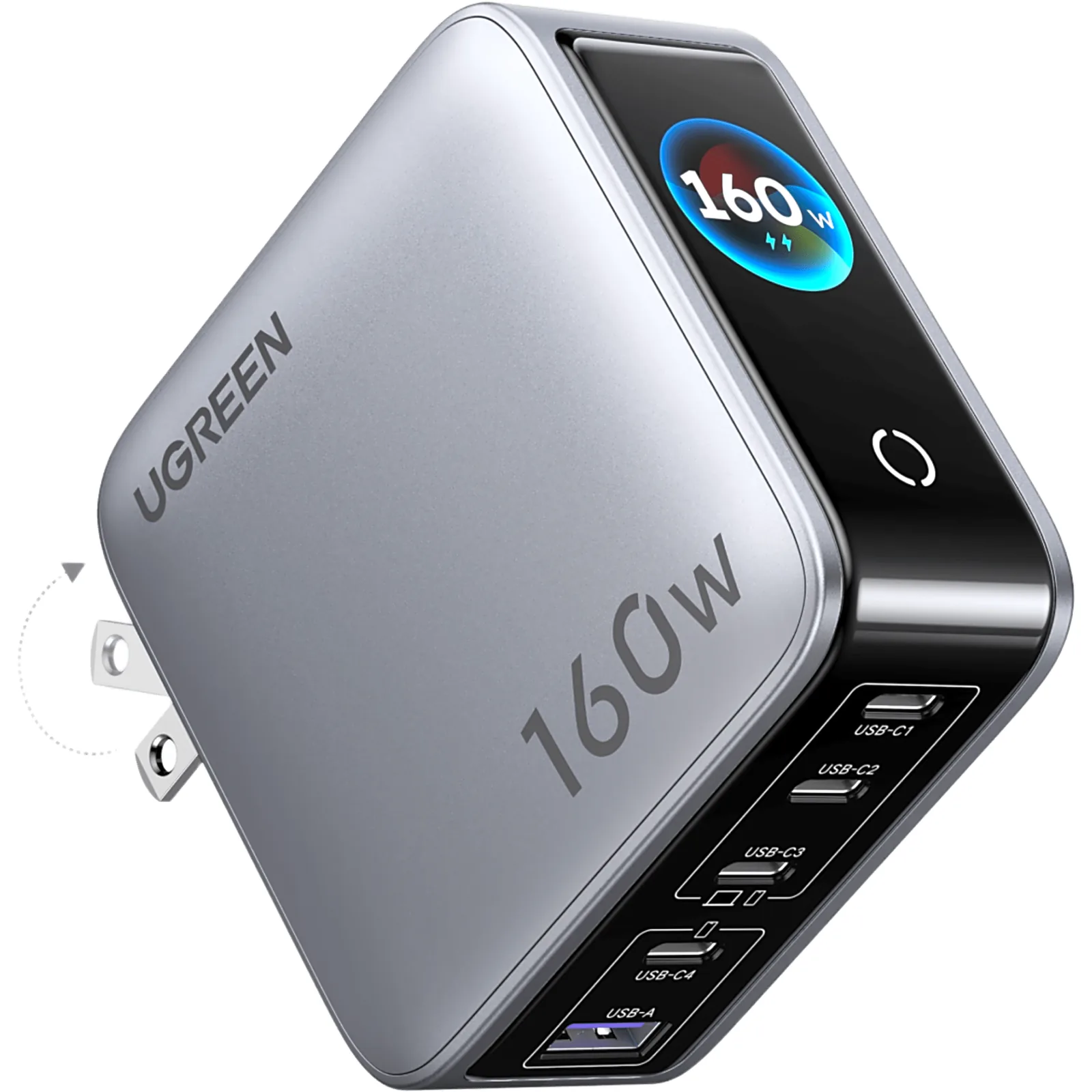 Cargador Rápido GaN de 5 Puertos 160W / Pantalla TFT Inteligente / Control por App / 140W por Puerto / Carga Simultánea 5 en 1 / Asignación Inteligente SmartCharge® / Protección Térmica Thermal Guard™