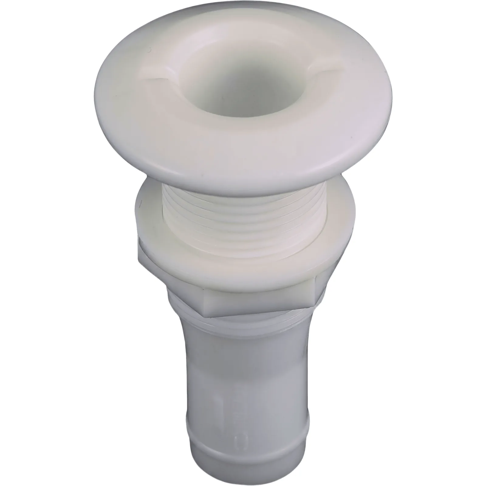 Conexión de Casco Pasante 1/2" / Polímero Moldeado / Acabado Blanco / Brida Ancha / Para Mangueras 1/2" / Grosor Casco Hasta 1-7/8"