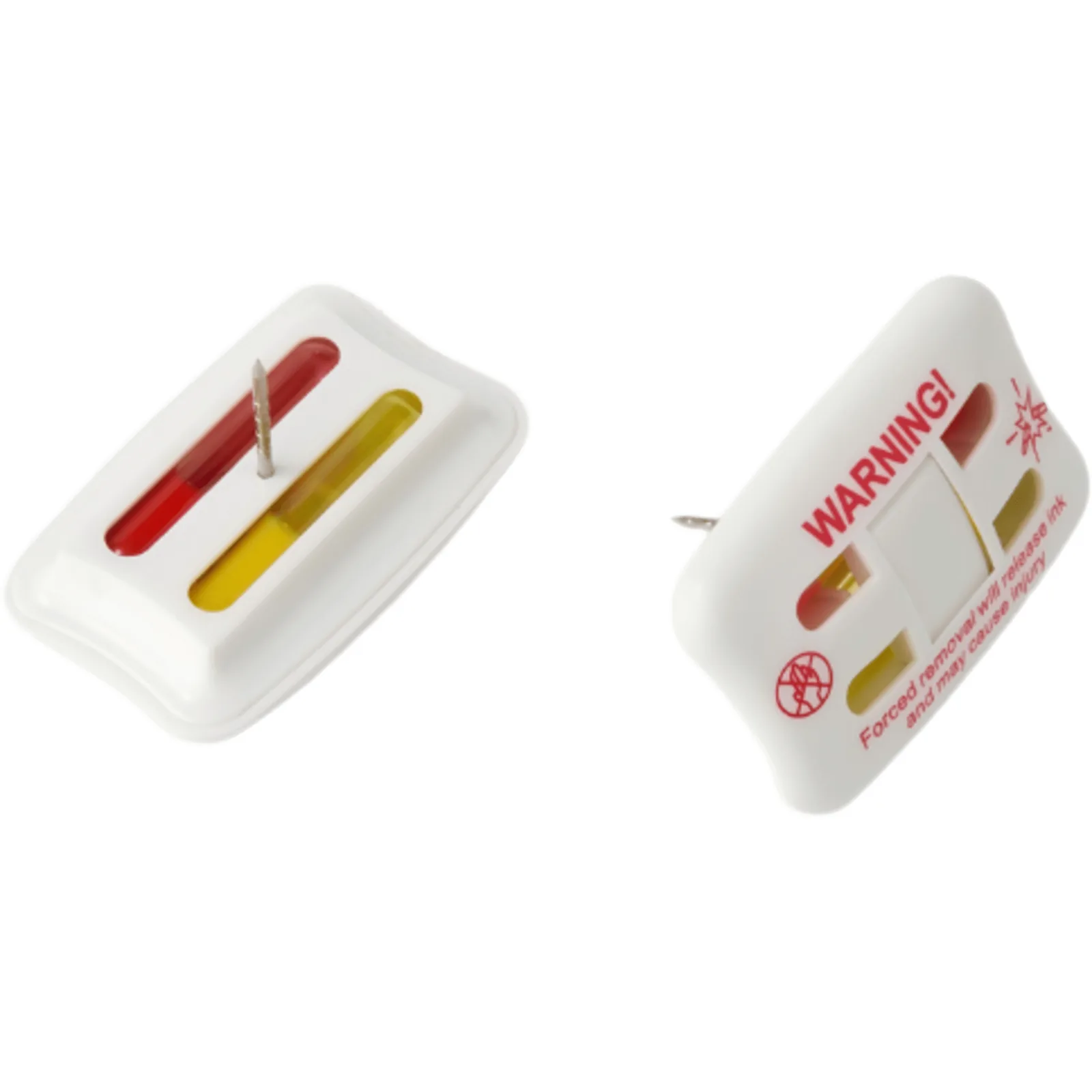 Etiqueta de Seguridad con Tinta / Alta Resistencia / Pin 15-19 mm / Eje Liso o Ranurado / Tinta Rojo-Azul-Amarillo / Mecánica sin EAS / Cuerpo Blanco