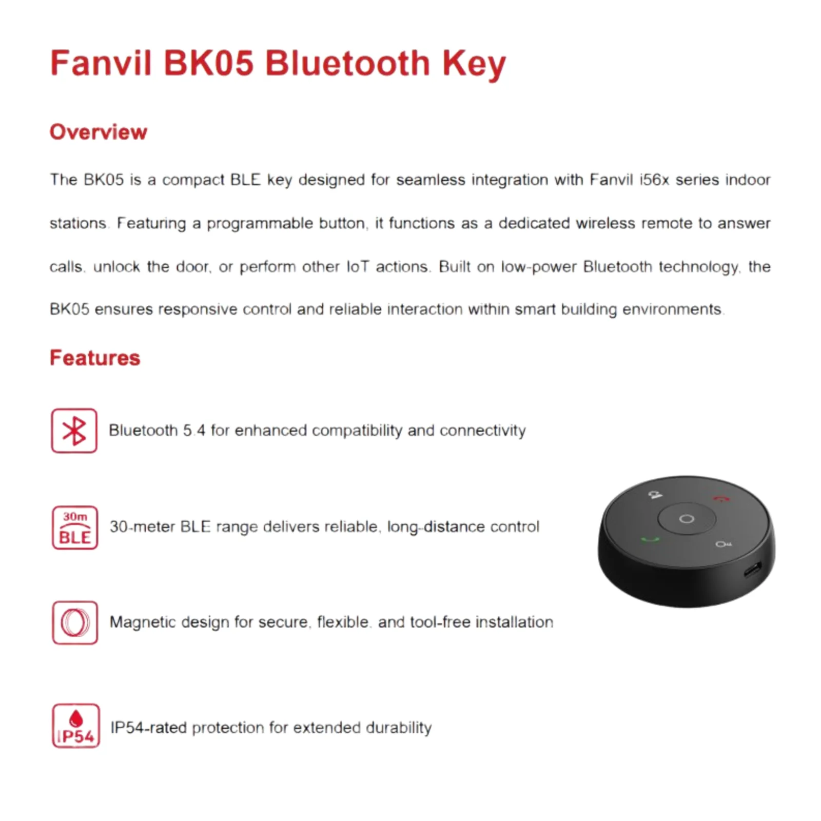 Bluetooth Key / 5 Botones Programables / Bluetooth 5.4 / Alcance 30 m (98.4 ft) / IP54 / Batería 300 mAh / Magnético