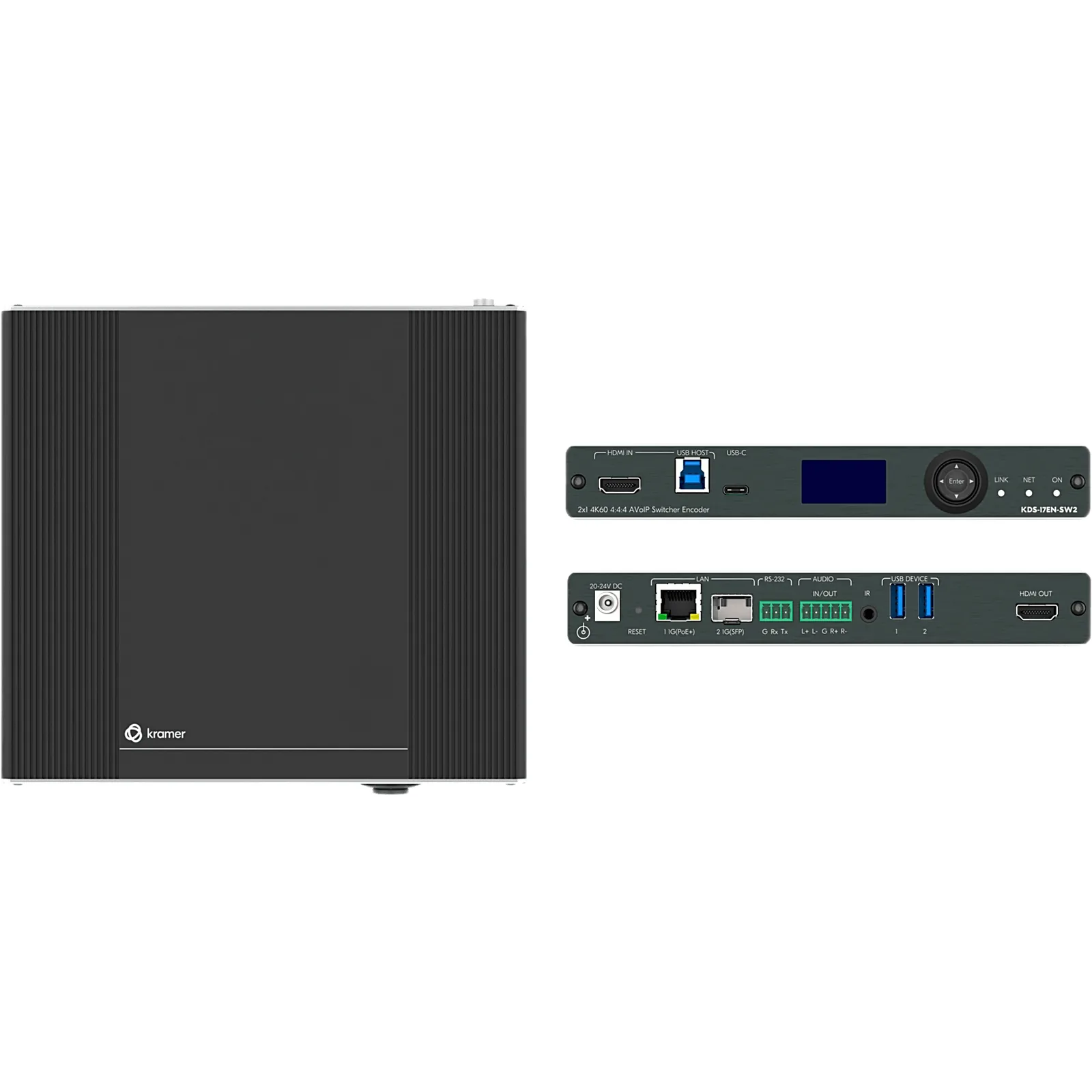 Switcher Encoder AVoIP 2x1 4K60 4:4:4 | Con Dante | Streaming por Ethernet Cobre y Óptico | Unicast y Multicast | Soporte USB, IR, RS-232 y CEC