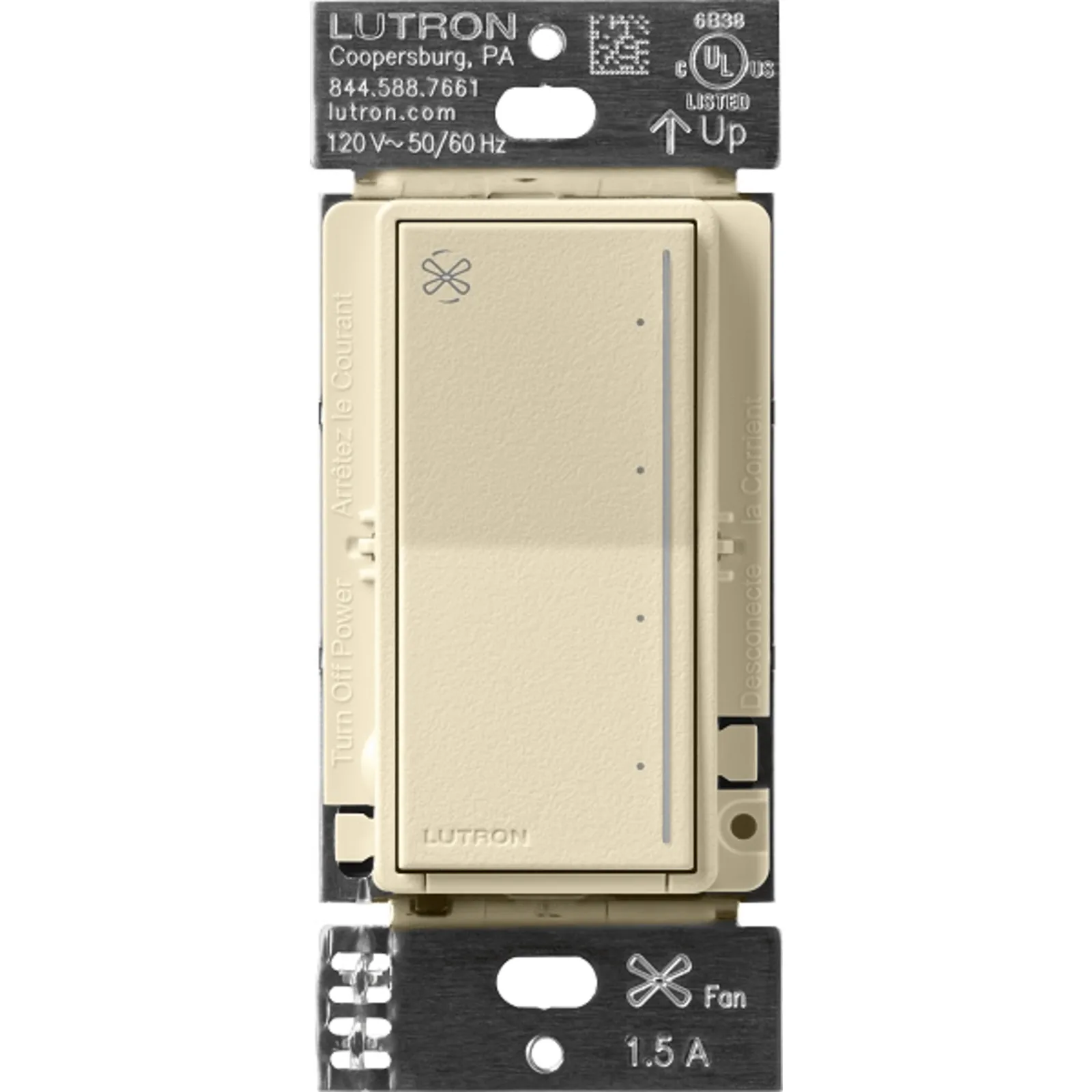 Control de ventilador de techo táctil de 4 velocidades para un ventilador tipo paleta AC, con barra luminosa, sistema RadioRA 3