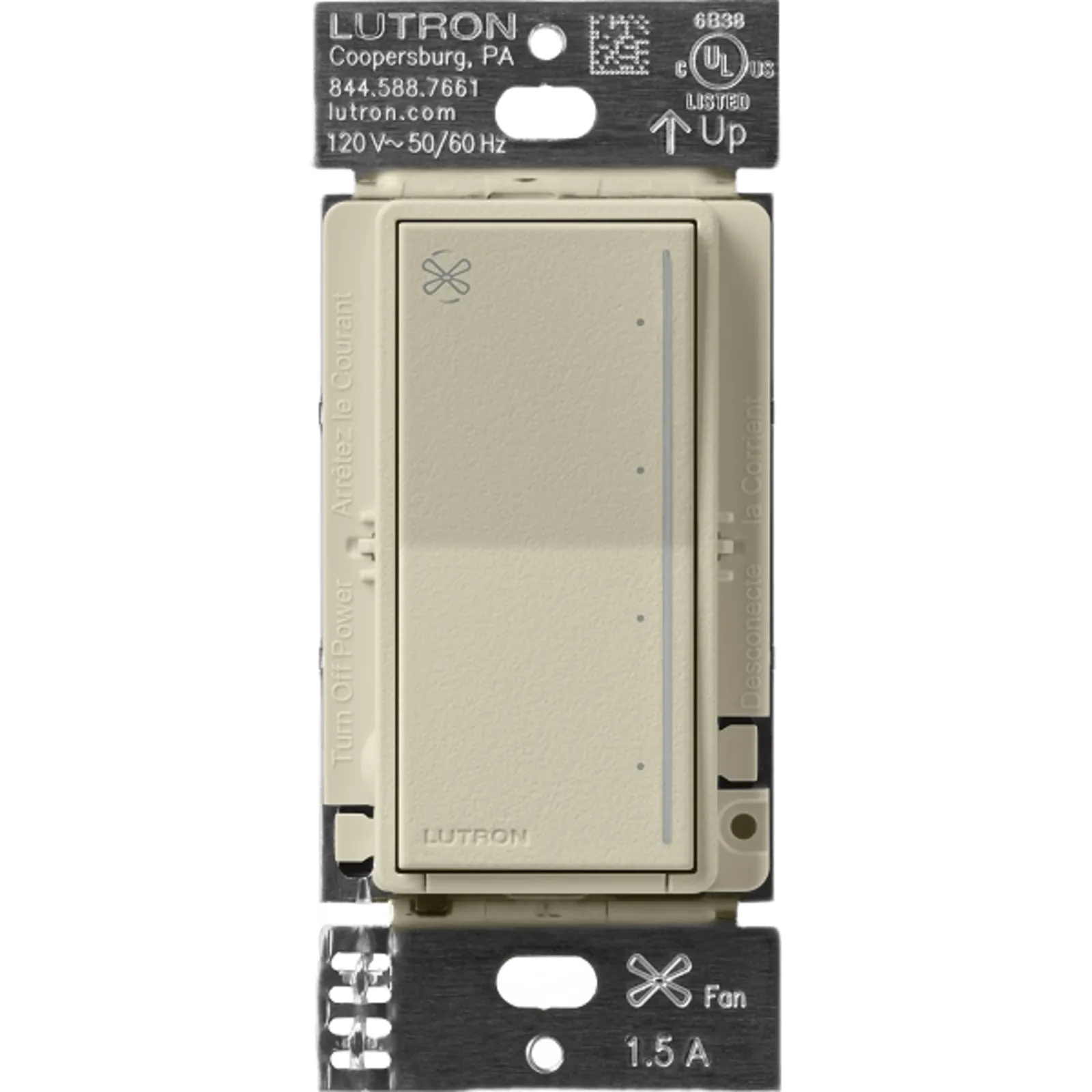 Control de ventilador de techo táctil de 4 velocidades para un ventilador tipo paleta AC, con barra luminosa, sistema RadioRA 3