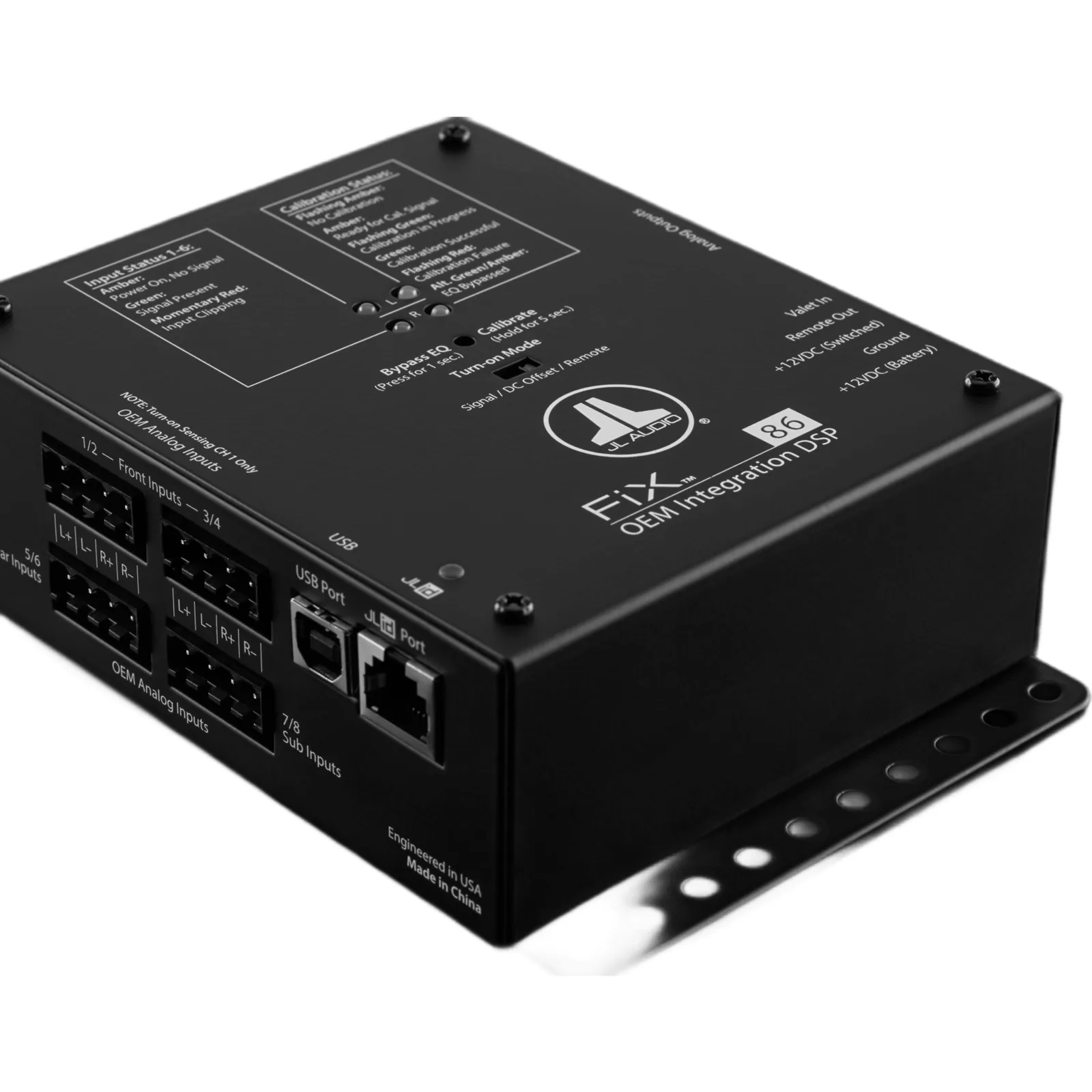 DSP para Integración OEM / 8 Canales de Entrada y 6 de Salida / Audio 24 bit/48 kHz / Ecualizador de 1/3 Octava (25-20 kHz) / Entrada 250 mV-30 V RMS / Salida RCA Estéreo No Equilibrada / Fuente Conmutada CC-CC Regulada / Control Remoto Opci
