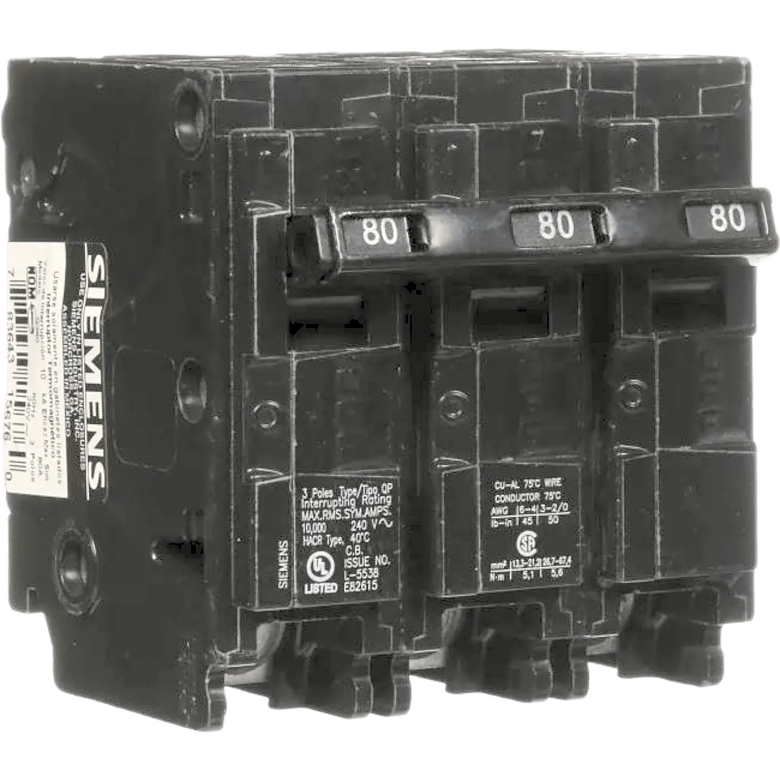 Interruptor automático enchufable tipo QP 3 polos, 80 amp