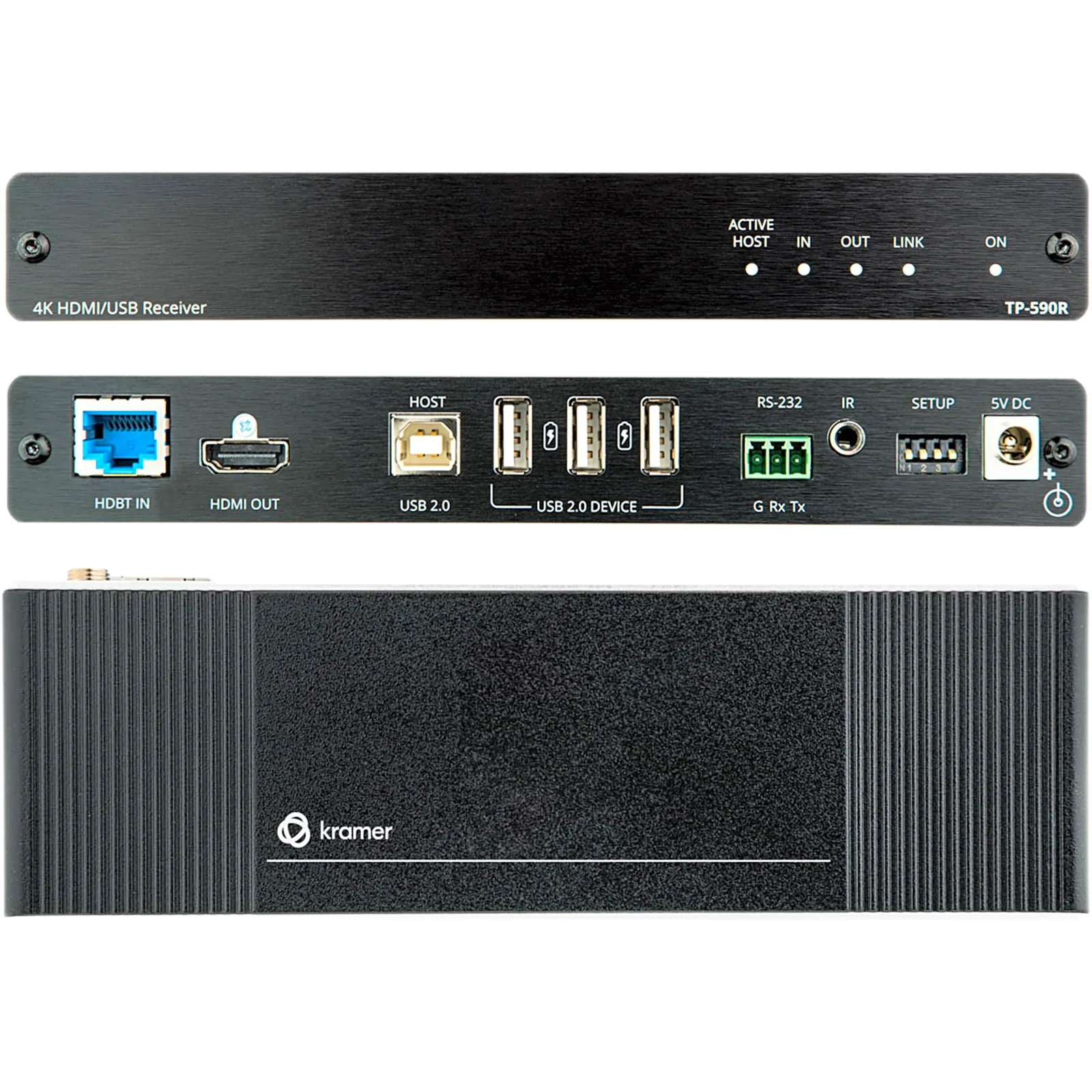 Receptor HDMI 4K60 4:2:0 con USB, RS-232 e IR sobre HDBaseT 2.0 de Largo Alcance | 4K UHD @60Hz (4:2:0) 24bpp | HDCP 2.3 | HDBaseT 2.0 | 10.2 Gbps | Extensión 40 m (130 ft) a 4K, 70 m (230 ft) a 1080p | Puertos: 1 HDBT, 1 HDMI, 1 USB Host, 3 USB De