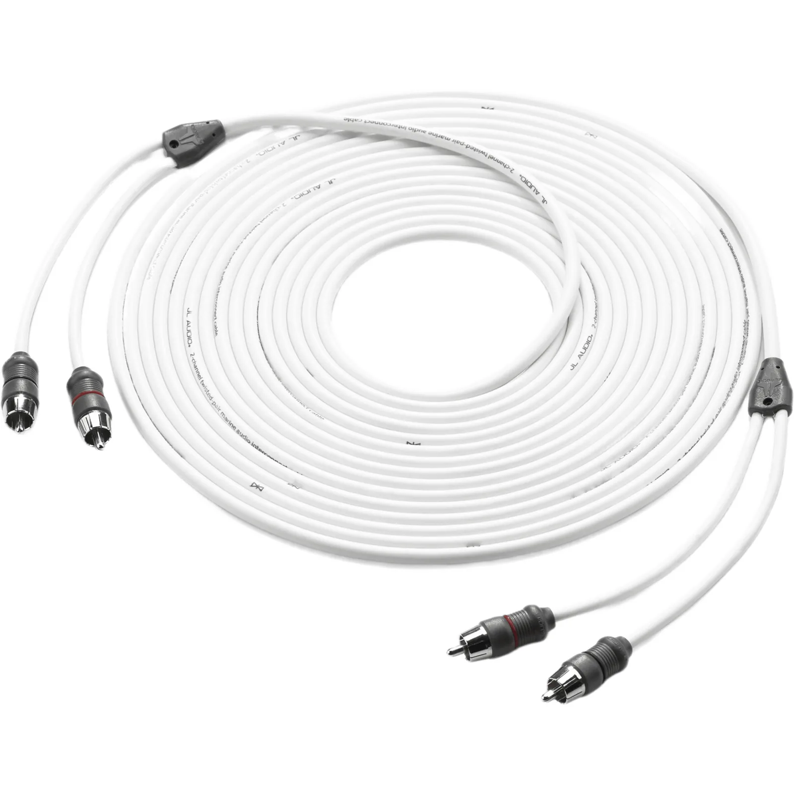 Cable de Interconexión de Audio Náutico JL Audio / 2 Canales / Longitud 7.62 m (25 ft) / Conectores 2 RCA Macho en Cada Extremo / Conductores OFC / Par Trenzado / Aislamiento de Polietileno / Cubierta PVC Flexible / Contactos de Latón