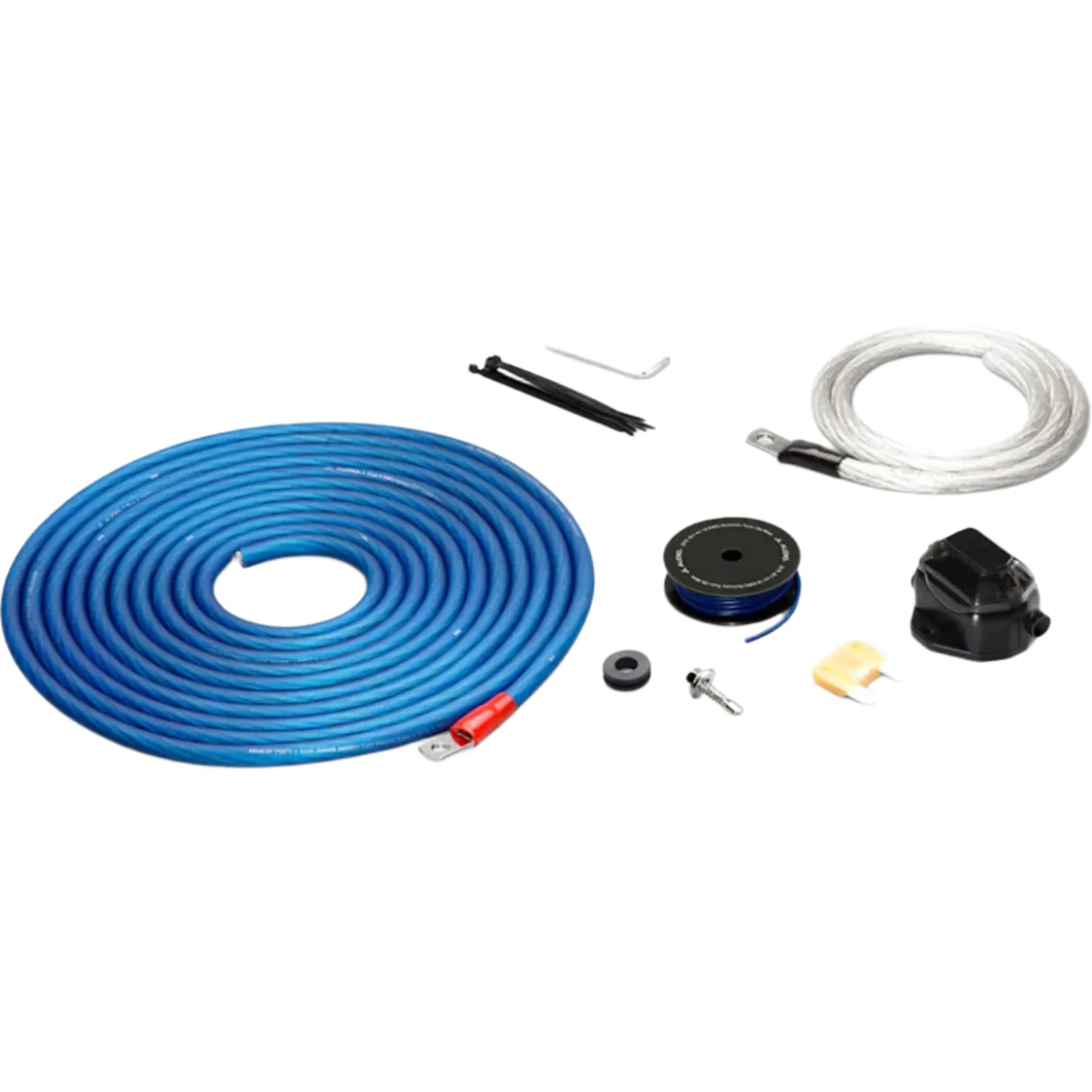Kit de Conexión de Alimentación Premium / 4 AWG Real / 12 V / Un Amplificador / Conductor de Cobre OFC / Portafusible hasta 100 A / Fusible MAXI 80 A / Cable de Alimentación 5.8 m (19 ft) / Cable de Tierra 0.9 m (3 ft) / Cable Remoto
