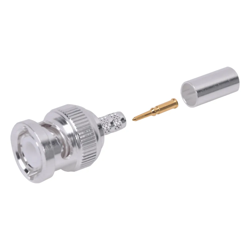 Conector BNC Macho de Anillo Plegable para Cable LMR-195, RG-58/U, RG-142, Níquel/ Oro/ Teflón.