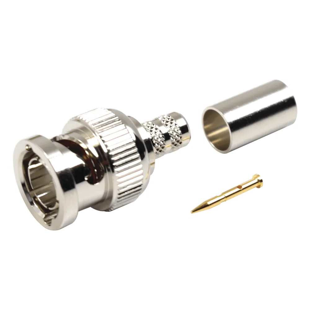 Conector BNC Macho en 75 Ohm, de Anillo Plegable para RG-59/U, Níquel/ Oro/ Teflón.