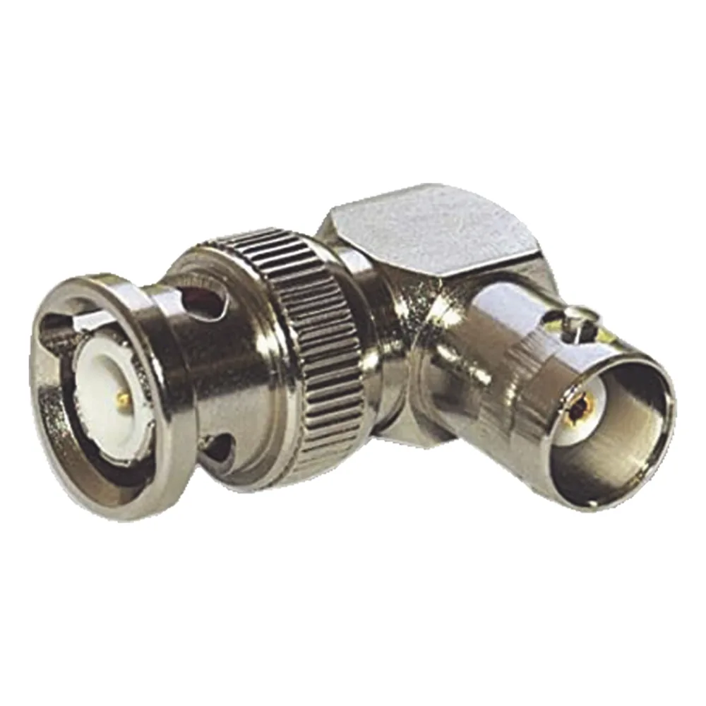 Adaptador en Ángulo Recto para 75 Ohm, de Conector BNC Macho a BNC Hembra (Monitor), Níquel/ Oro/ Teflón.