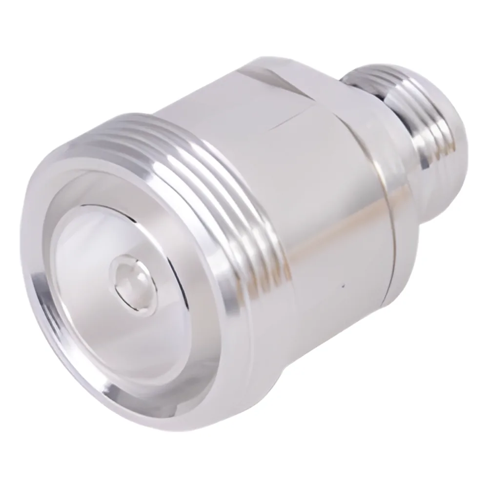 Adaptador en Línea de Conector DIN 7-16 Hembra a N Hembra, Plata / Plata / Teflón.