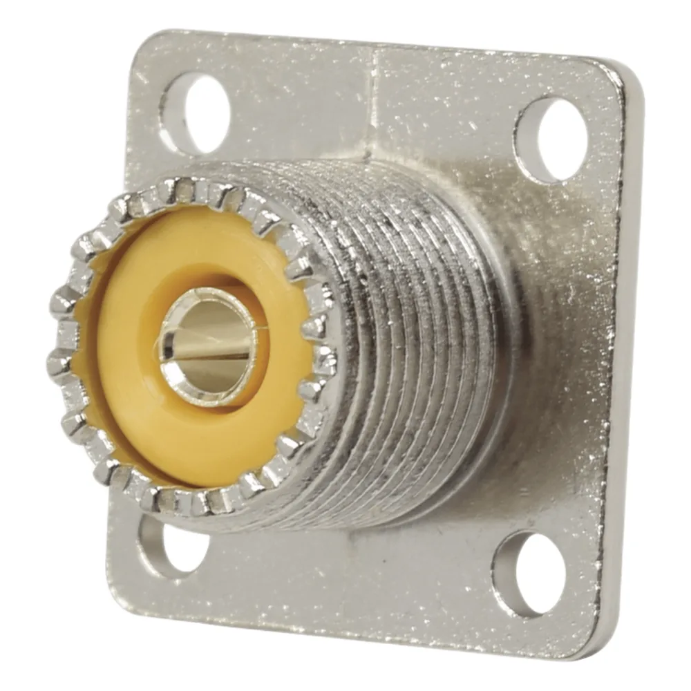 Conector UHF Hembra (SO-239), para Montaje en Chasis con 4 perforaciones a 18 mm, Terminal Soldable, Níquel/ Plata/ Delrin.