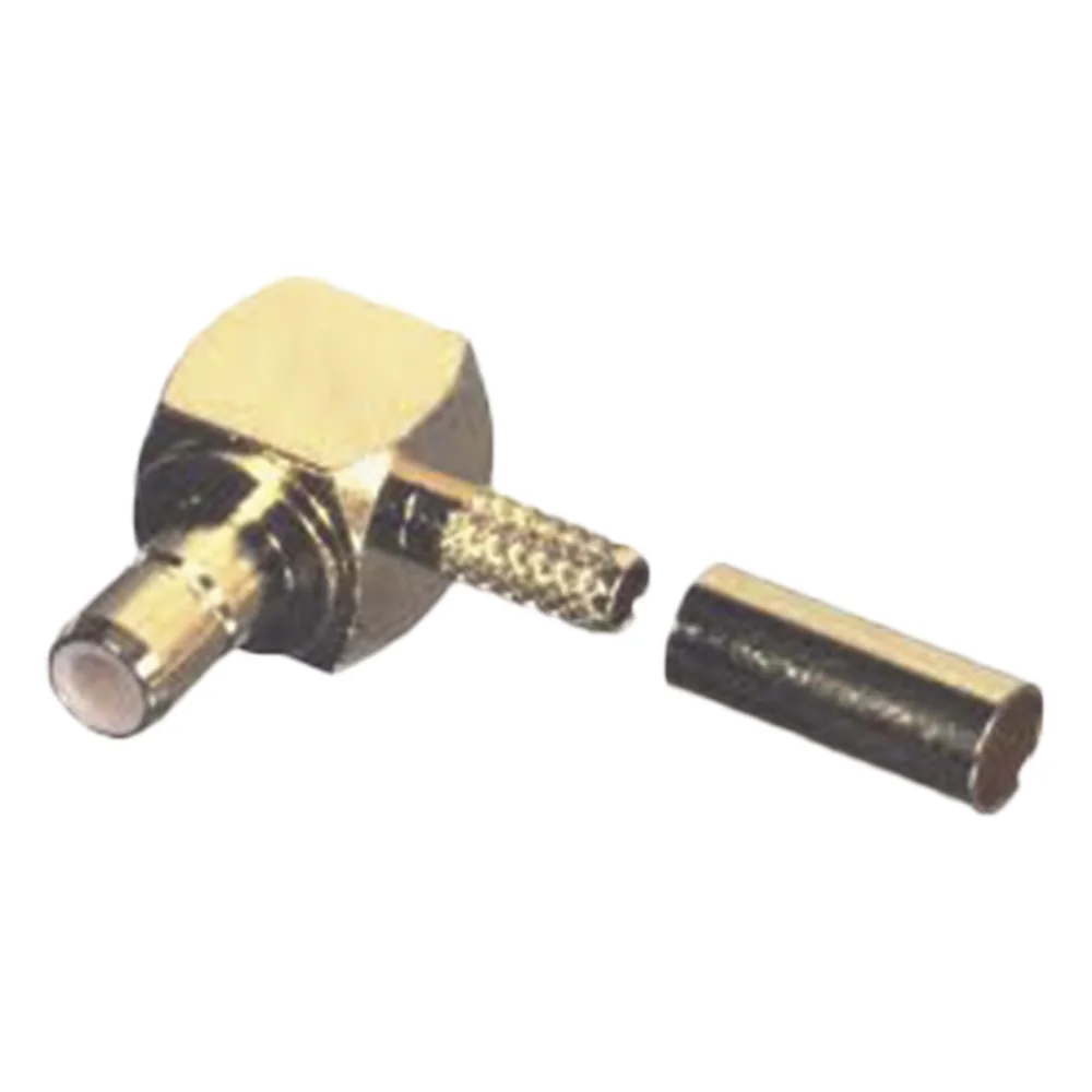 Conector SMB Hembra (Jack) en Ángulo Recto, (Pin Macho), Anillo Plegable para RG-174/U, Oro/ Oro/ Teflón.