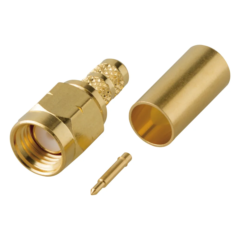 Conector SMA Macho de Rosca Izquierda, Anillo Plegable para Cable RG-58/U, Oro/ Oro/ Teflón.